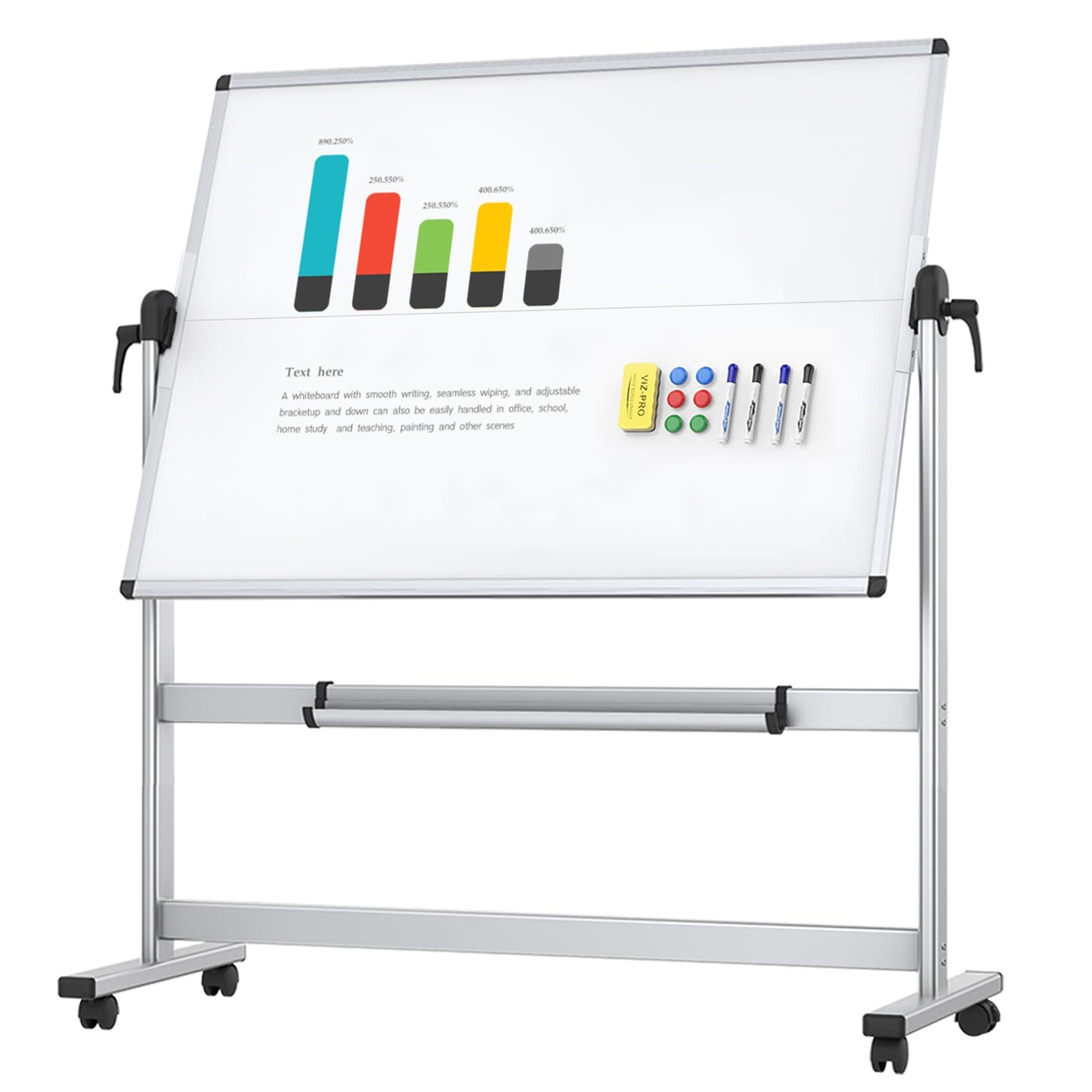 VIZ-PRO Tableau Blanc Magnétique Effaçable Mobile Double Face, 120 x 90 cm | Grand Tableau Blanc sur Pied, Sur Roulettes, Rotation à 360° avec Verrouillage, pour Bureau, École et Maison