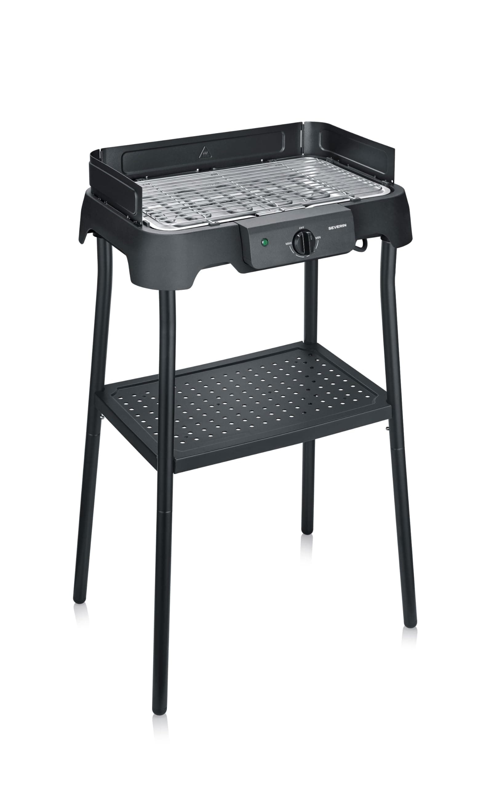 SEVERIN Barbecue électrique extérieur sur pieds avec plaque en aluminium, 2000W, Pare-vent amovible, eBBQ avec bac à eau pour utilisation en intérieur et extérieur, Noir, PG 8596