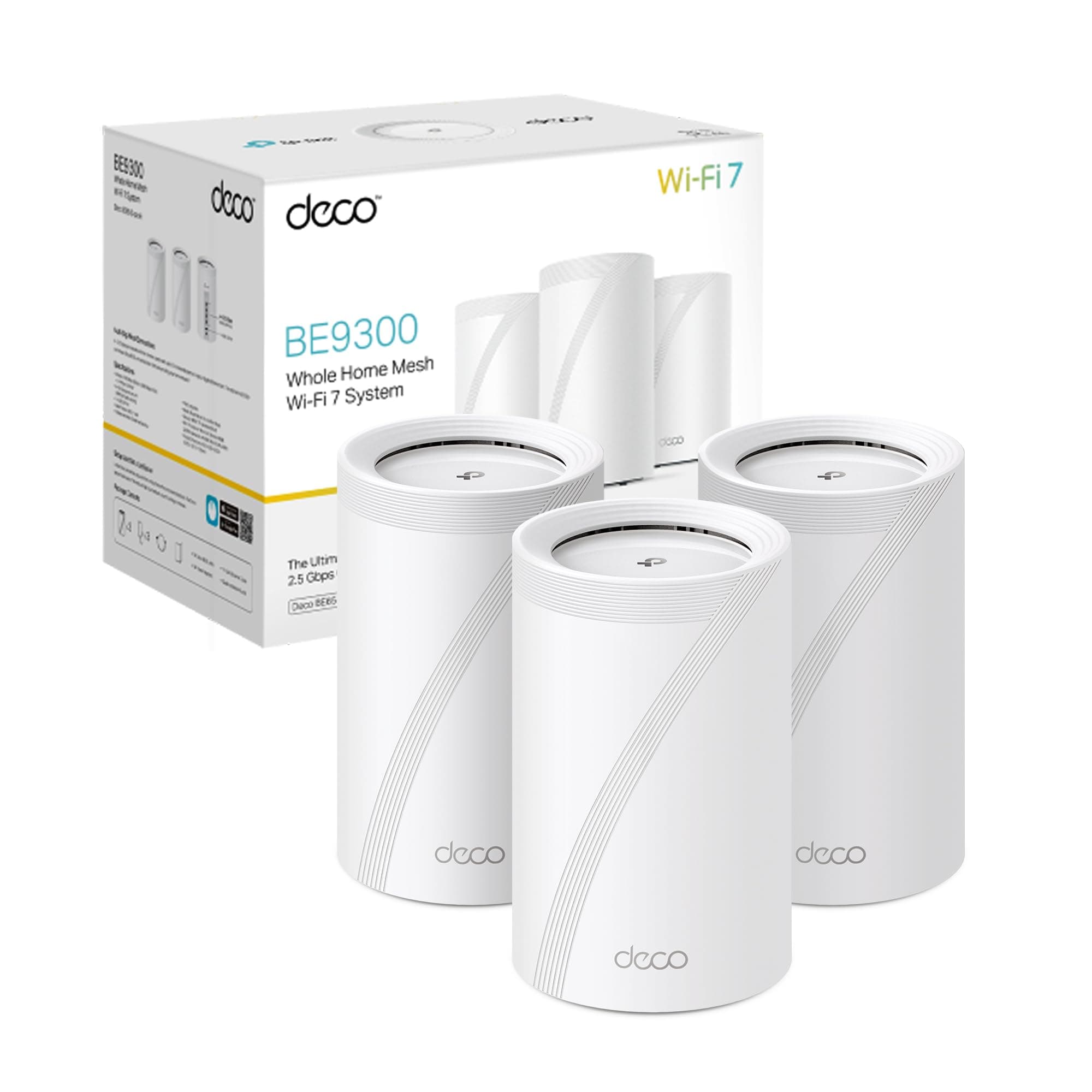 TP-Link WiFi 7 Deco BE65(3-pack) Router Mesh WiFi, BE9214Mbps Tri-Band, Canali 320 MHz, Porta Ethernet da 2,5 Gbps, Senza Precedenti, Alexa, Funziona con Qualsiasi ISP e Modem, 3 Pezzi
