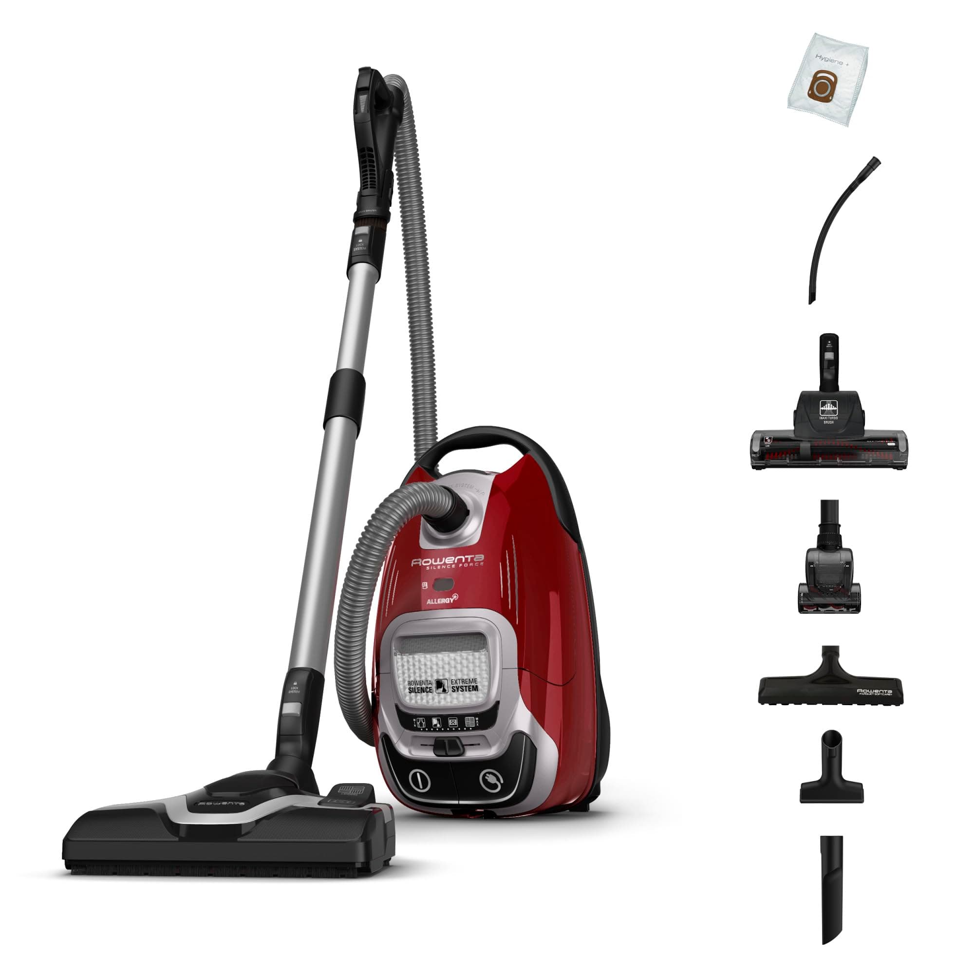 Rowenta Silence Force Effitech Aspirateur avec Sac, Basse Conso, Silencieux 57 DB(A), Filtration Haute efficacité, Rayon d'action 12 m, 4,5L RO7474EA, Rouge Tanin