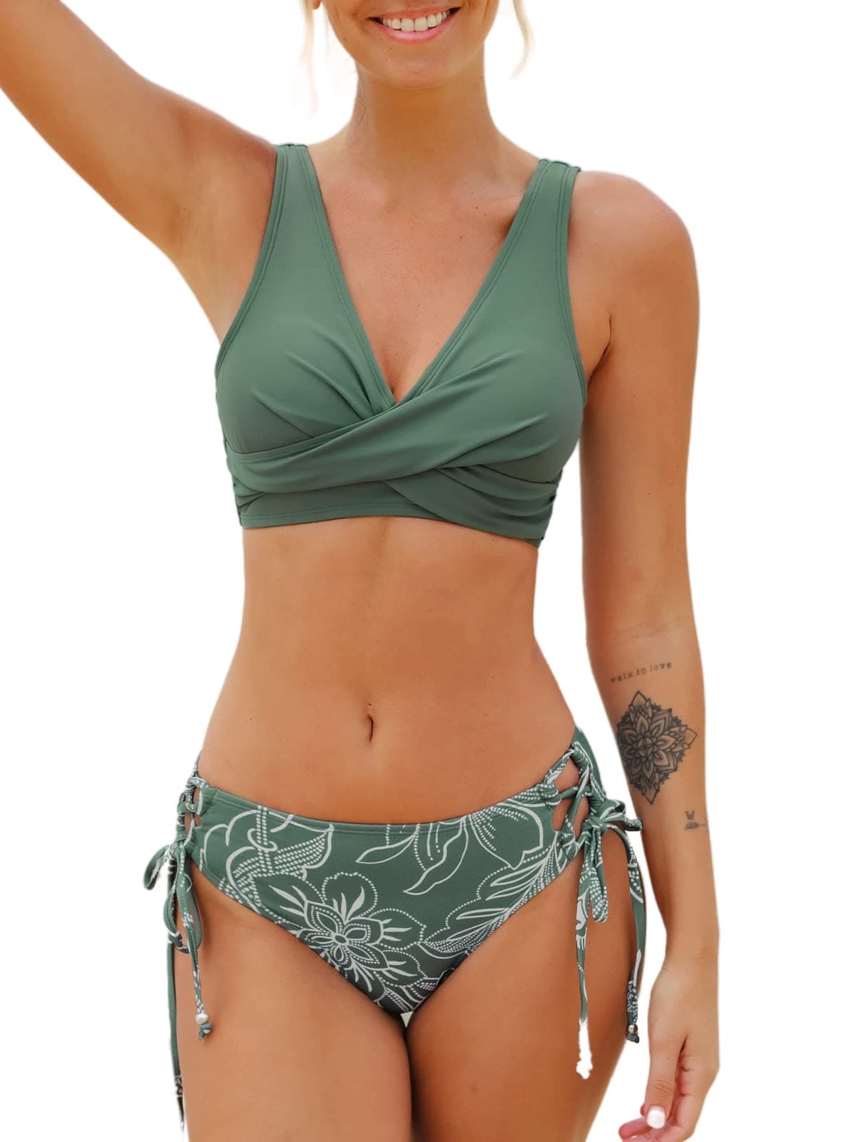 CUPSHE Damen Bikini Set Wickeloptik Blumenmuster Low Rise schnürende Bademode Zweiteiliger Badeanzug