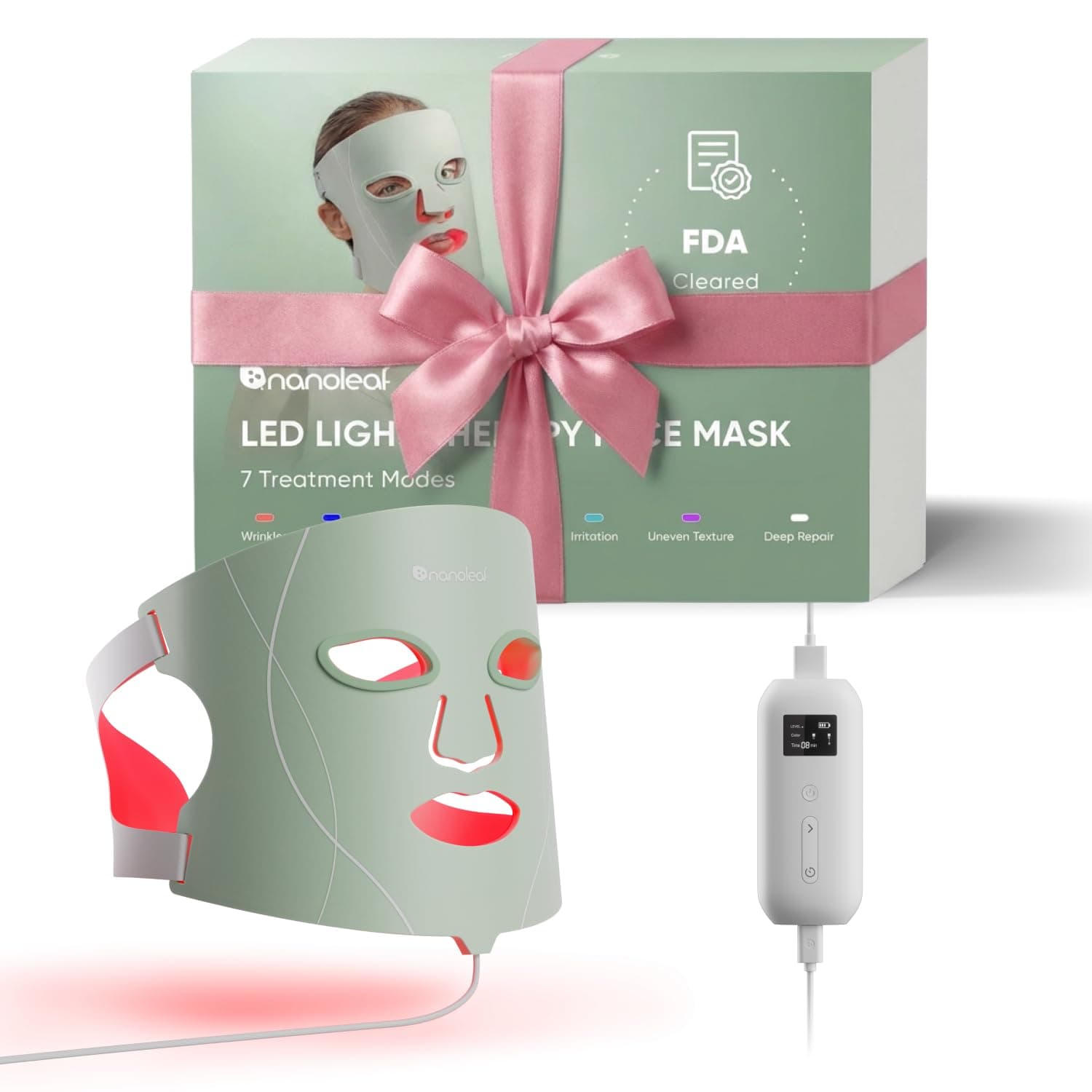 Nanoleaf Máscara LED Facial de Terapia, 7 Modos, Luz Roja Portátil con LED NIR, Silicona Suave, Protección Ocular, Mascarilla de Fototerapia 5-10 Minutos, Infrarrojo Recargable