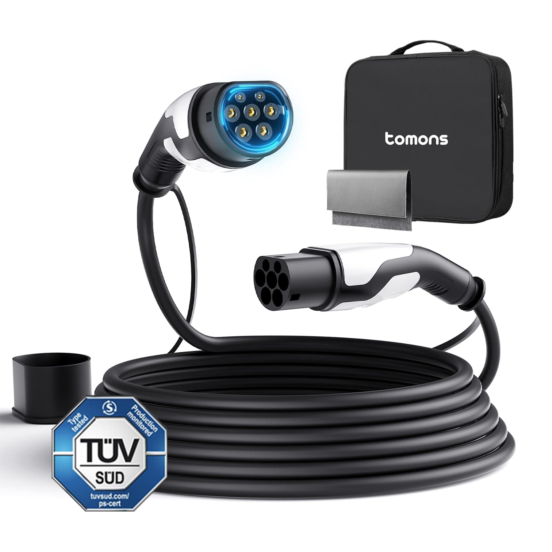tomons Cable de Carga Coche Electrico Tipo 2, 22 KW 32A Electricidad Trifásica 5M, para EVs y PHEVs, Compatible con Modelo S/X/Y/3, ID.3, ID.4, E-Tron, ZOE, Kona, I3, con CE/TUV, EV1001
