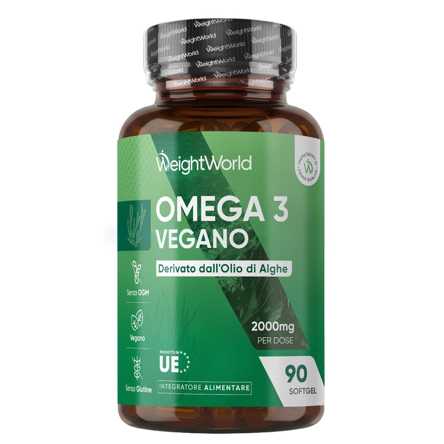 Omega 3 Vegan in 90 Softgel da 2000 mg, DHA ed EPA Contribuiscono al Mantenimento di Livelli Normali di Trigliceridi nel Sangue (EFSA), Omega3 Vegetale da Olio Algale, DHA, EPA, Senza Glutine né OGM