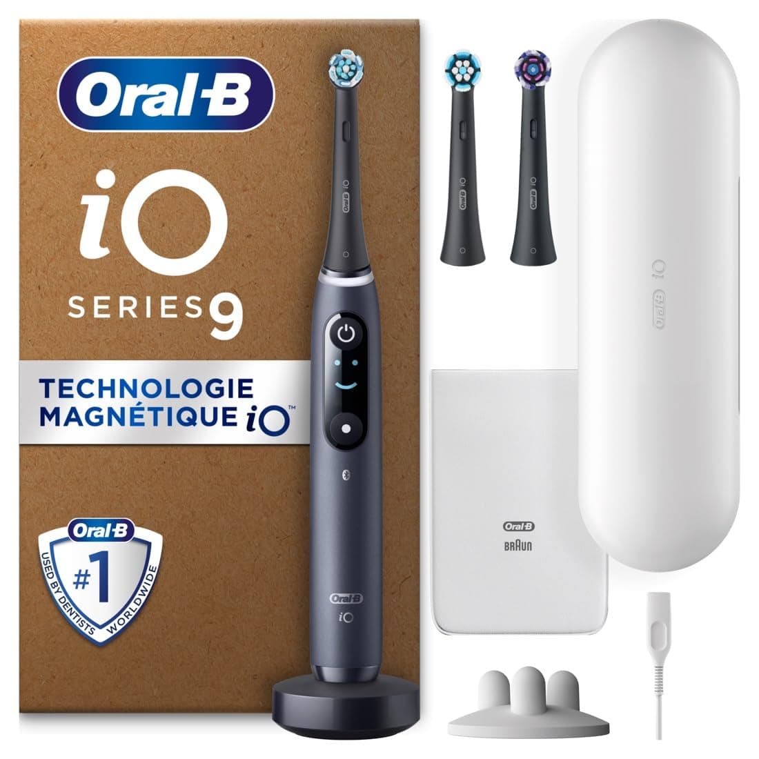 Oral-B iO Série 9 Brosse à Dents Électrique Noire, Capteur De Pression, Modes Soin Des Gencives, Douceur Pour Protéger Des Dents Sensibles, 3 Têtes De Recharge, 1 Chargeur, 1 Étui De Voyage, En Carton
