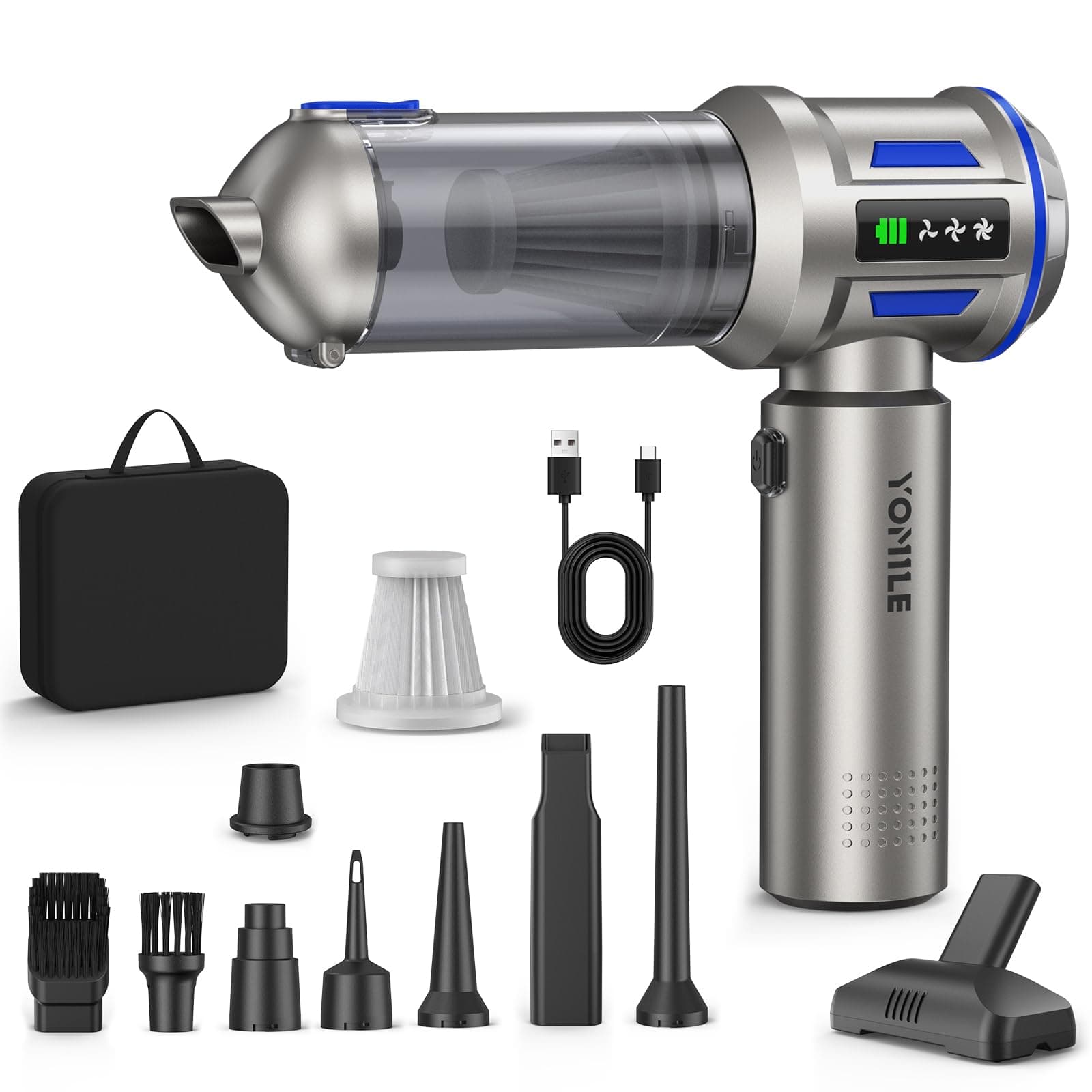 Yomile Aspirabriciole Senza Fili, 27000PA 4 in 1 Aspirapolvere per Auto Portatile,Aspiratore e Soffiatore con Motore Brushless Mini Aspirabriciole Senza Fili Potente per Auto Casa