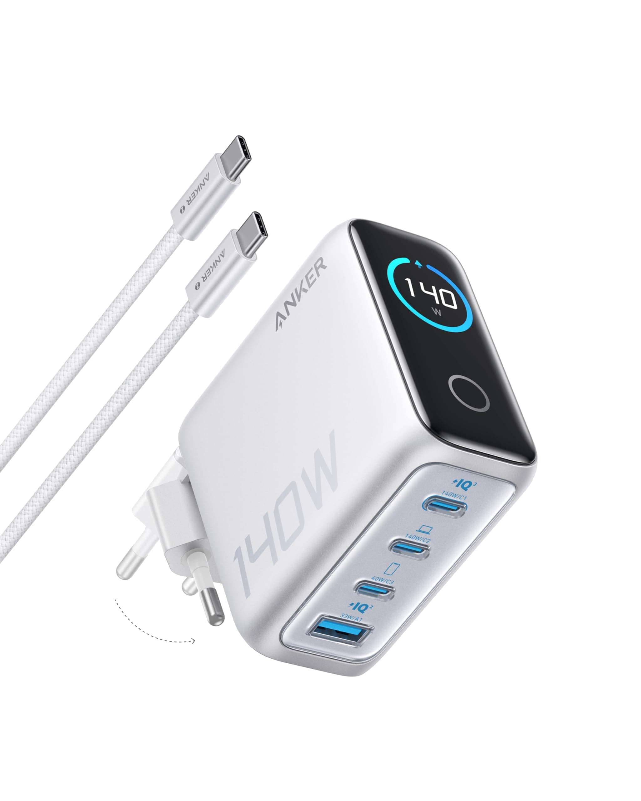 Anker 140W USB C Ladegerät, Laptop Ladegerät, 4-Port Multi-Geräte Schnellladeleistung, Fortschrittliches GaN Netzteil, Touch Control, Kompatibel mit MacBook, iPhone 17/16/15, Samsung, Pixel und mehr