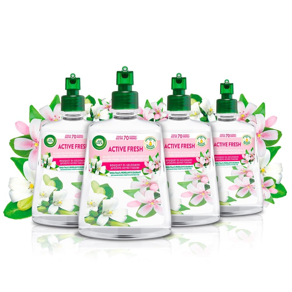 Airwick Active Fresh Deodorante per Ambienti, 4 Ricariche per Diffusore Spray Automatico senza Gas alla fragranza Bouque di Gelsomini 228ml, Profumatore Ambienti Neutralizza Odori 24/7