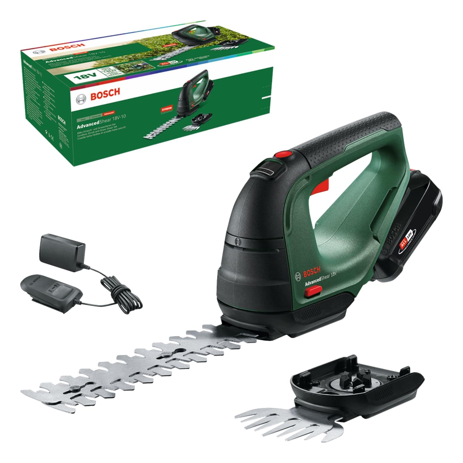 Bosch Cisaille à Gazon sans Fil - AdvancedShear 18V-10 (1 Batterie 2.0 Ah, 18 Volt System, Coupe Jusqu’à 85 m² par Charge, avec Lame de Taille-Herbes et Lame de sculpte-Haies)