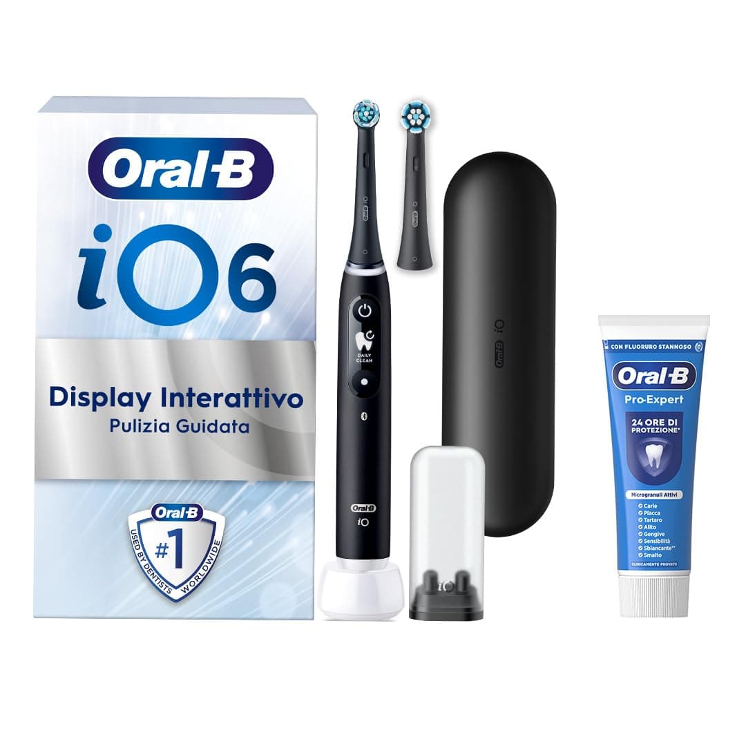 Oral-B Spazzolino Elettrico Ricaricabile iO 6N Nero, 1 Spazzolino Elettrico, 2 Testine Di Ricambio, Custodia Da Viaggio + 1 Dentifricio Oral-B Pro Expert, Pulizia Denti Efficace