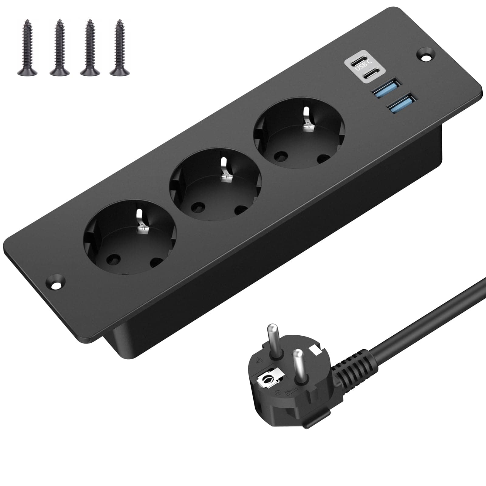 Prise Encastrable de Table avec 2 USB-A et 2 Type-C, Multiprise Intégrée 3 Prises avec Câble 2m, Prise de Table, Multiprise pour Meuble ou Plan de Travail, Noir