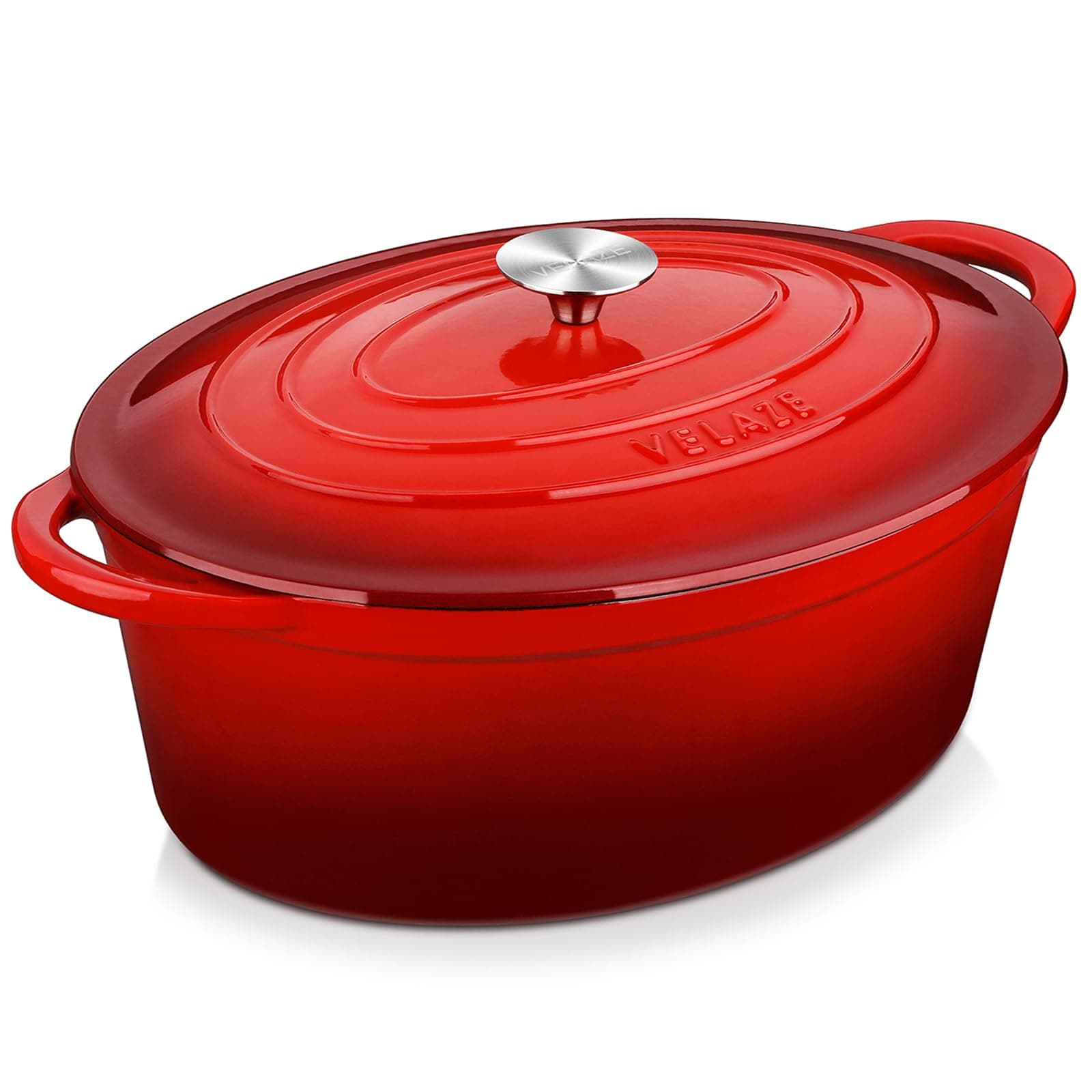 Velaze Casseruola in Ghisa, Pentola a Induzione per Stufati e Brasati, Cocotte Casseruola con Coperchio in Rivestimento Smaltato, Forno Olandese, Rosso, Ovale - 34 cm, 7 L