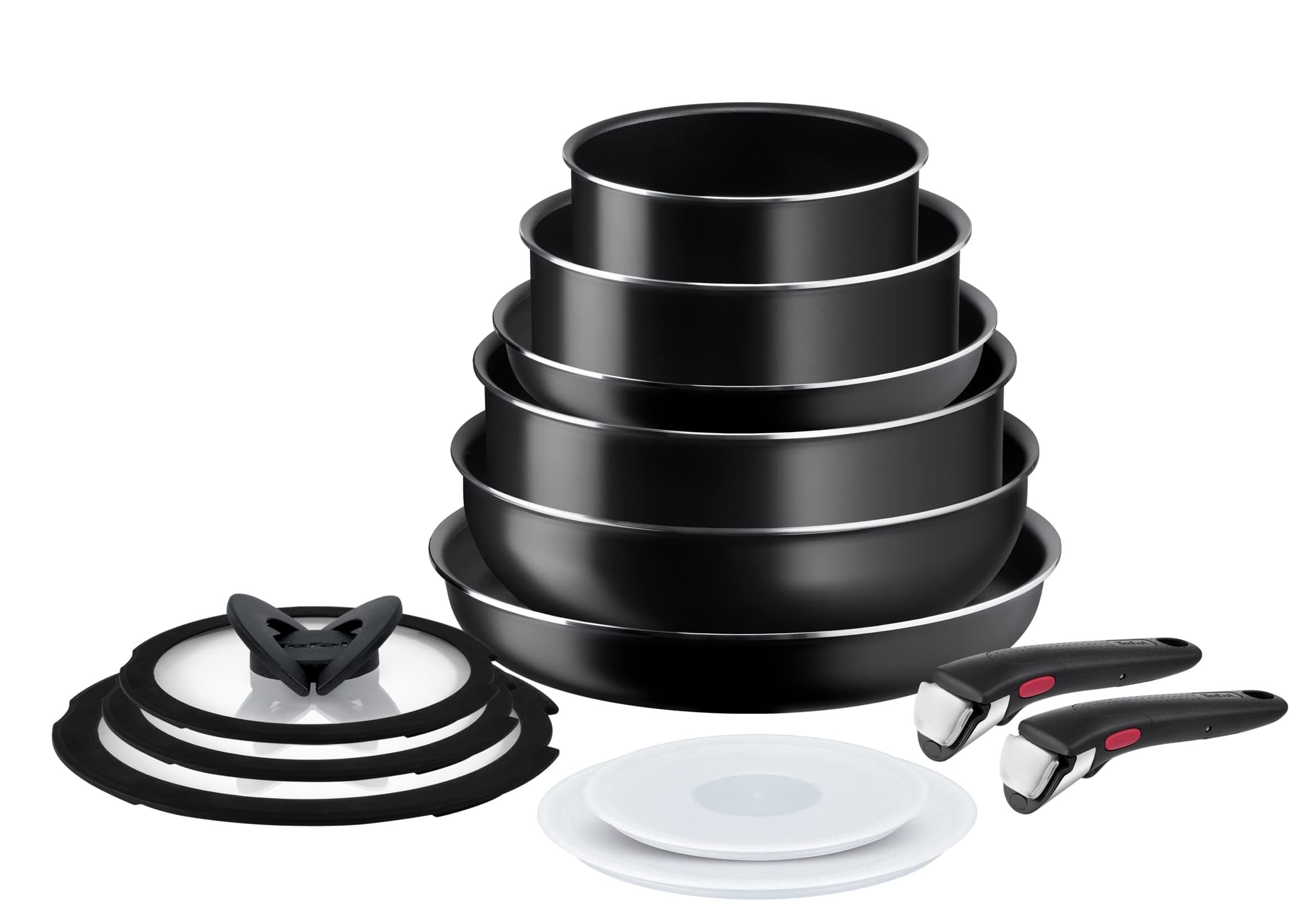 Tefal Ingenio Easy On - Juego de 2 Sartenes 22/28 cm + 2 Cazos 16/20 cm + Guisera 24 cm + Wok 26 cm + 2 Mangos extraíbles + 5 Accesorios, No apto inducción, antiadherentes