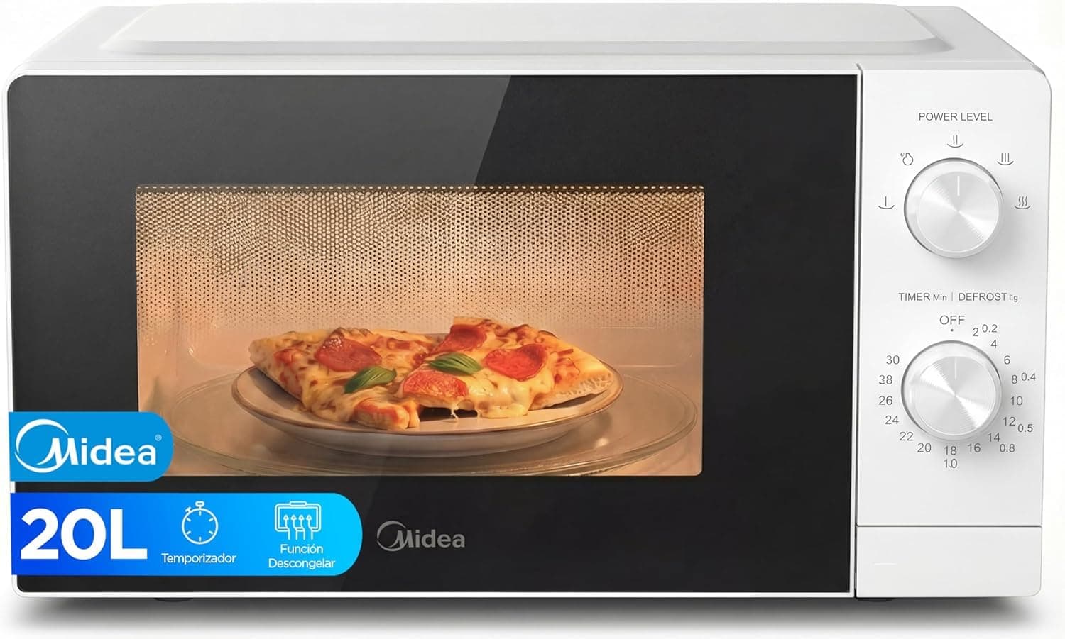 Midea Microondas 20 litros y 700 W de potencia | Microwave | Horno Microondas Blanco de Sobremesa con Plato Giratorio, Función Descongelación, 5 Niveles de Potencia Temporizador | Microondas sin grill