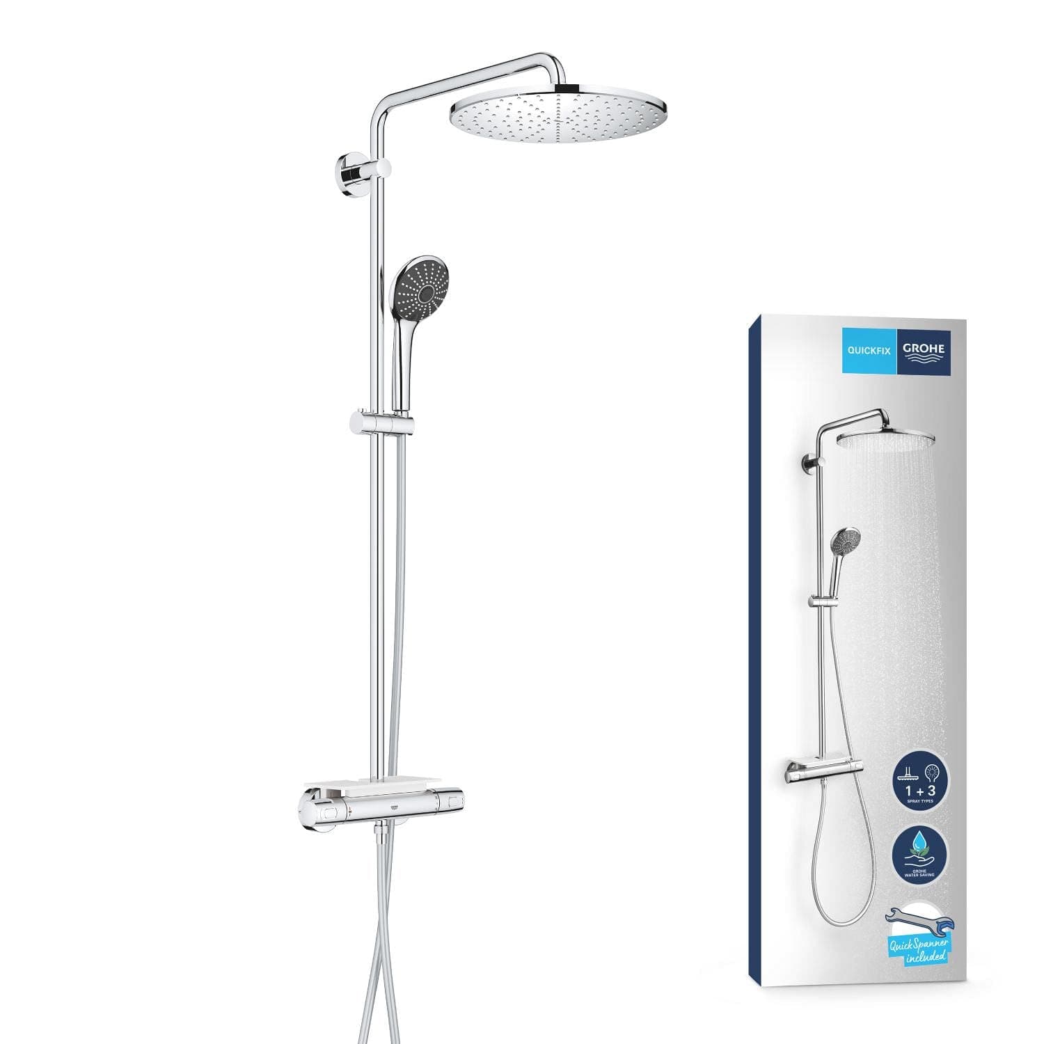 GROHE Vitalio Joy 310 QuickFix, Sistema ducha termostática con bandeja, ducha mural 31 cm, teleducha 11 cm y 3 chorros, flexo 1.75 m, instalación con QuickSpanner incluída, cromo, 26401001