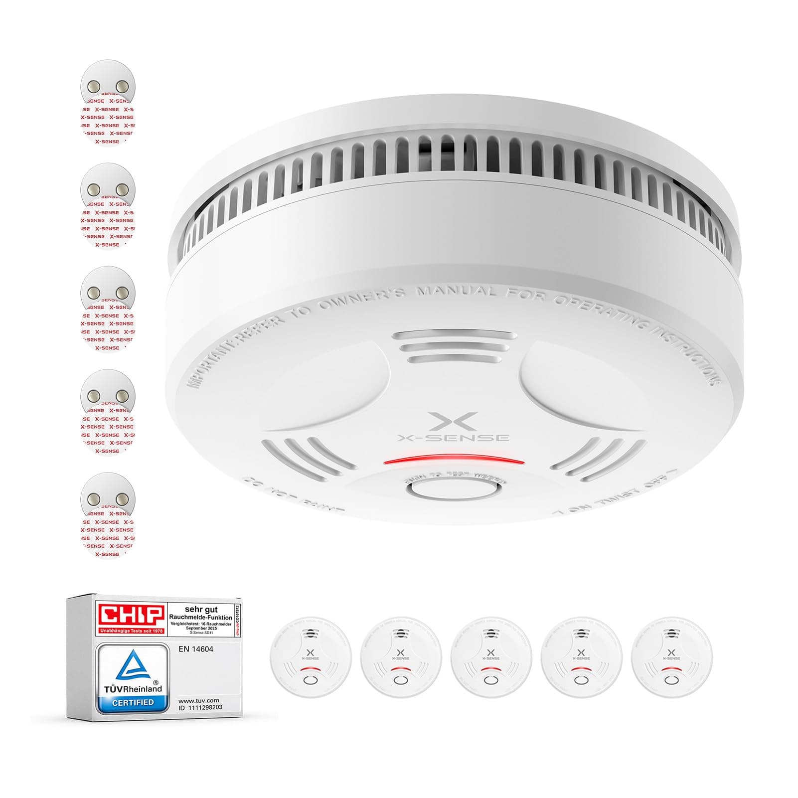 X-Sense Rauchmelder mit 10 Jahre Batterie und Magnethalterung, Feuermelder, TÜV Rheinland-Zertifiziert, mit Stummschalt- und Selbsttest-Funktion, SD11, 5er Set