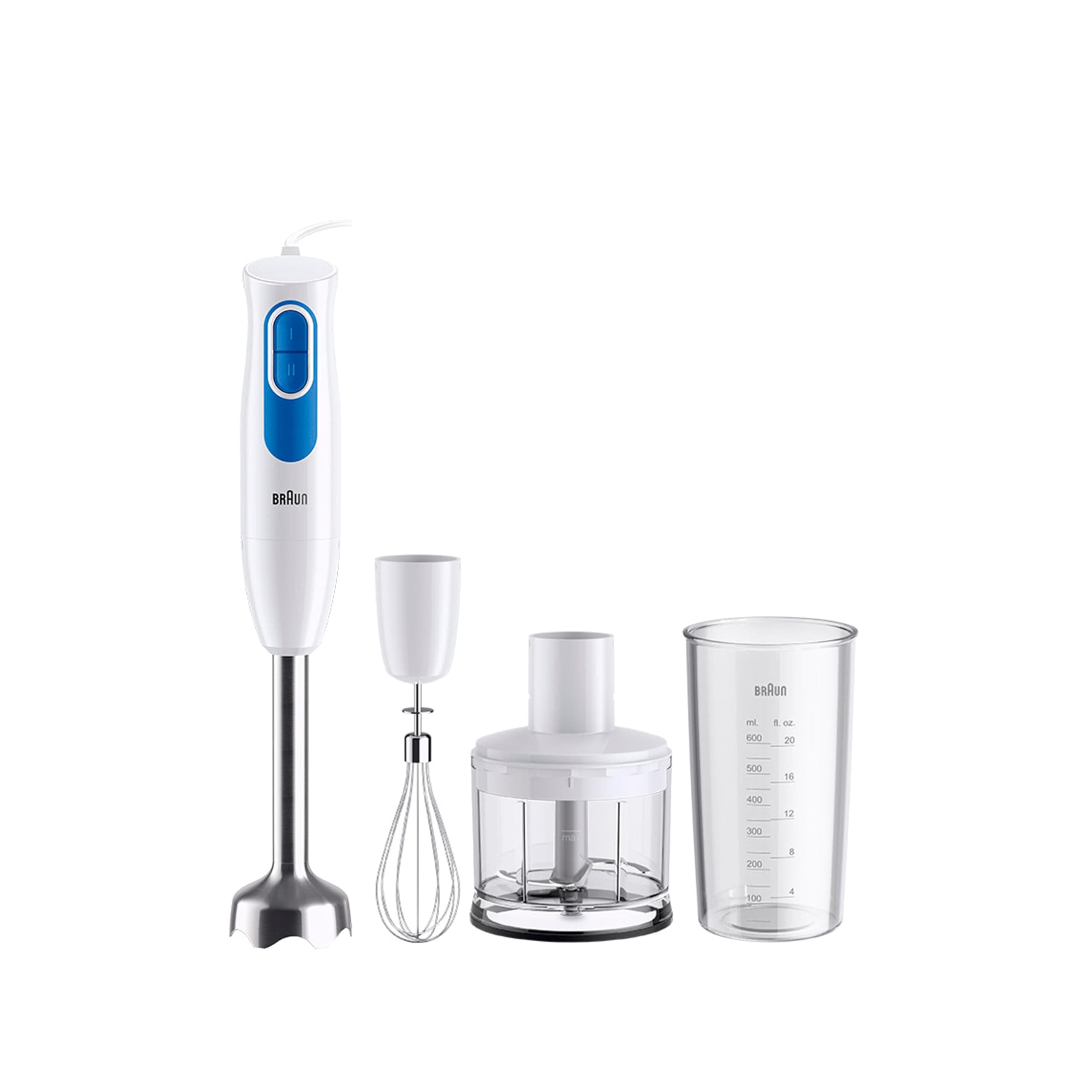 Braun MultiQuick 2 MQ20236MWH, Frullatore a Immersione con Sistema EasyTwist, Frullatore per Salse e Smoothie, 2 Velocità, Tritatutto da 500 ml e Frusta Inclusi, 600W, Bianco