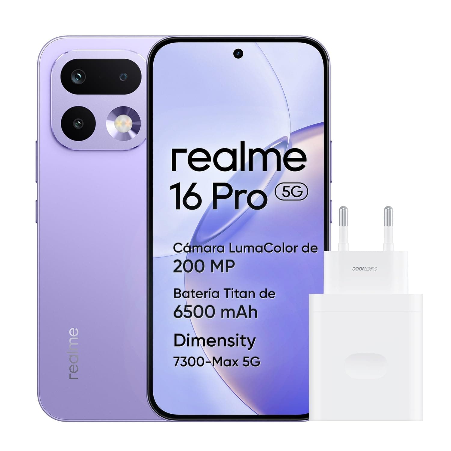 realme 16 Pro 5G Smartphone, 8GB+256GB, Pantalla AMOLED 144Hz 6,78", Batería 6500mAh, Cámara 200MP OIS, IP69K, Carga Rápida 45W, Dual SIM, Next AI, Violeta (con Adaptador)
