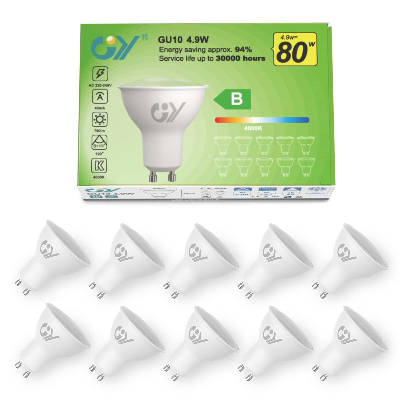 GY Lampadine GU10 LED, 4.9W (equivalenti a 80W), 790 Lumen, 4000K Bianco Neutro, Risparmio Energetico LED GU10, Lunga Durata, Basso Consumo, 120° Angolo del Fascio,Non Dimmerabile, 10 pezzi