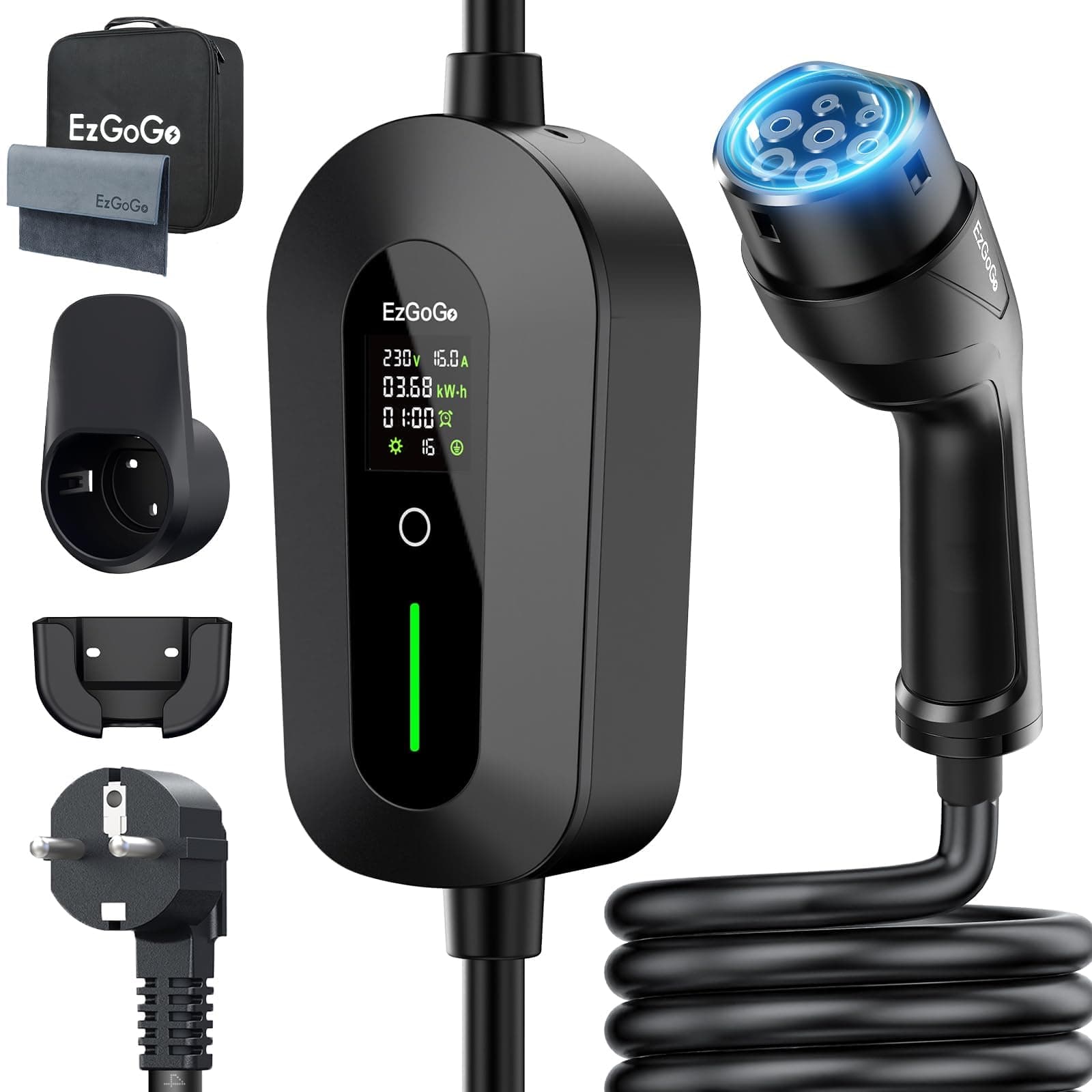 EzGoGo Chargeur Voiture Electrique 3,68 KW, 10 m, 6-16 A, Cable Recharge Voiture Electrique Type 2 avec écran LCD réglable & Indice IP65, pour Toutes Voitures électriques et PHEV (Norme IEC 62196-2)