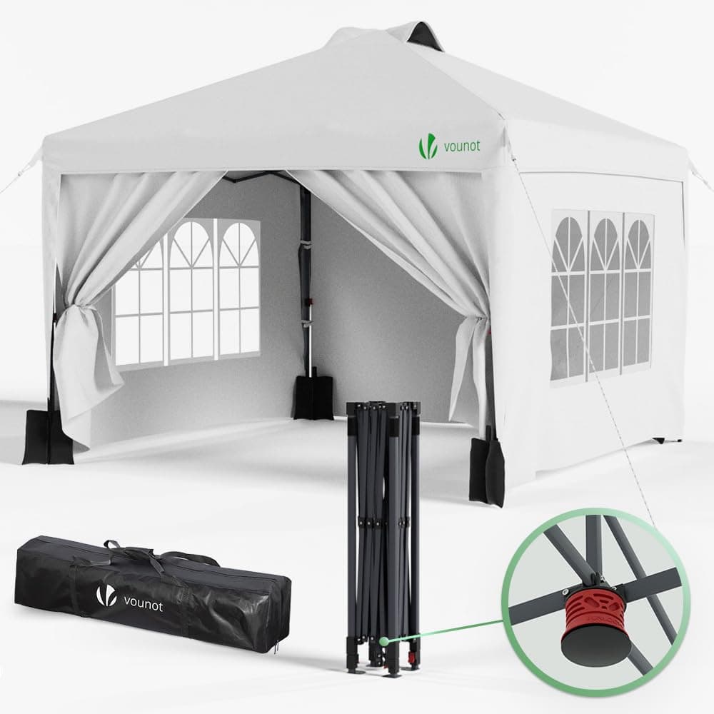 VOUNOT® Tonnelle de Jardin 3x3m Pop up Tente Pliable avec Parois Imperméable Anti UV Respirable Hauteur Réglable avec Sac de Transport Installation Facile Blanc