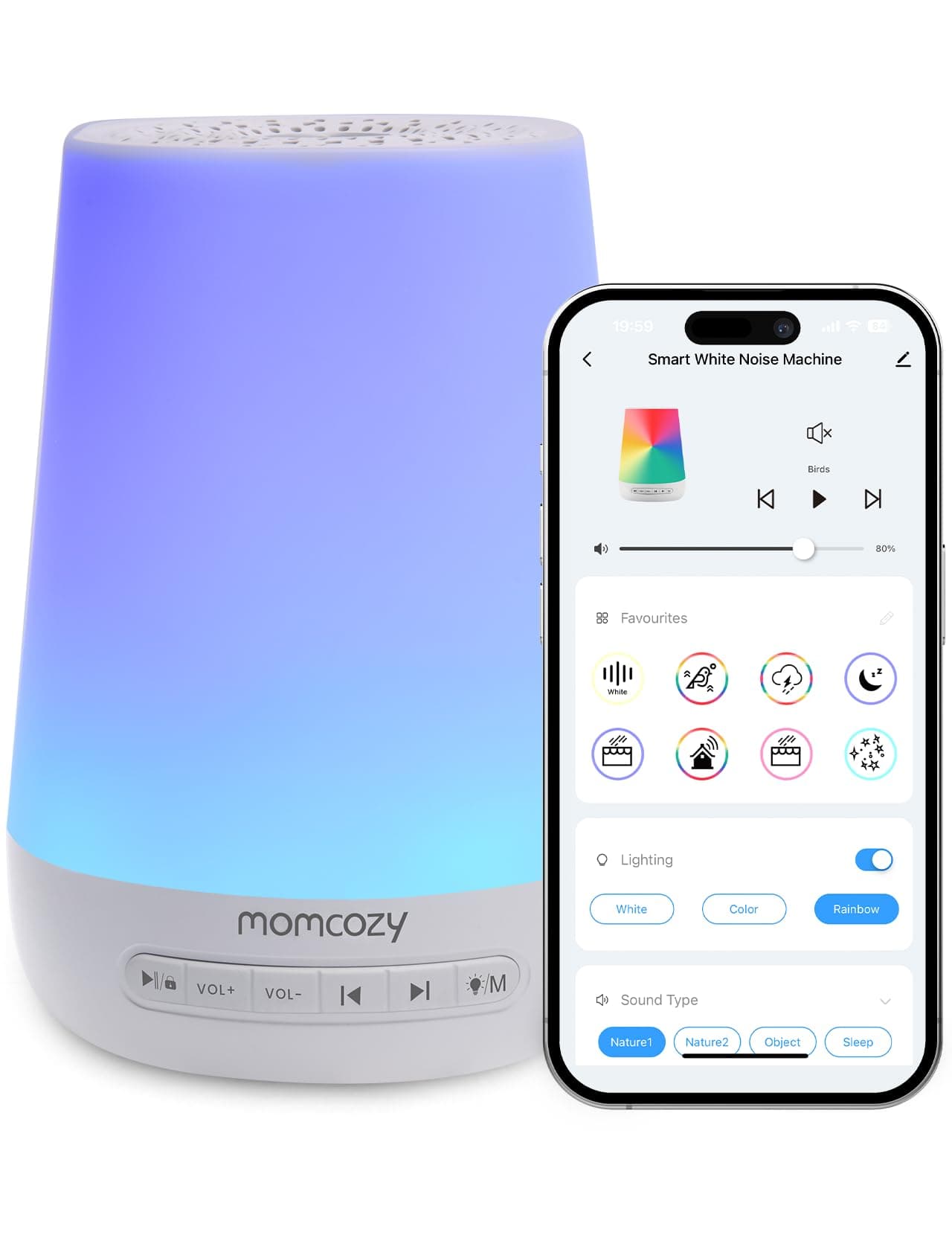 Momcozy Ruido Blanco para Bebés, Niños y Adultos con 34 Sonidos Relajantes, Maquina Ruido Blanco Luz Nocturna de 7 Colores, Entrenador de Sueño, Control de Aplicaciones, Temporizador
