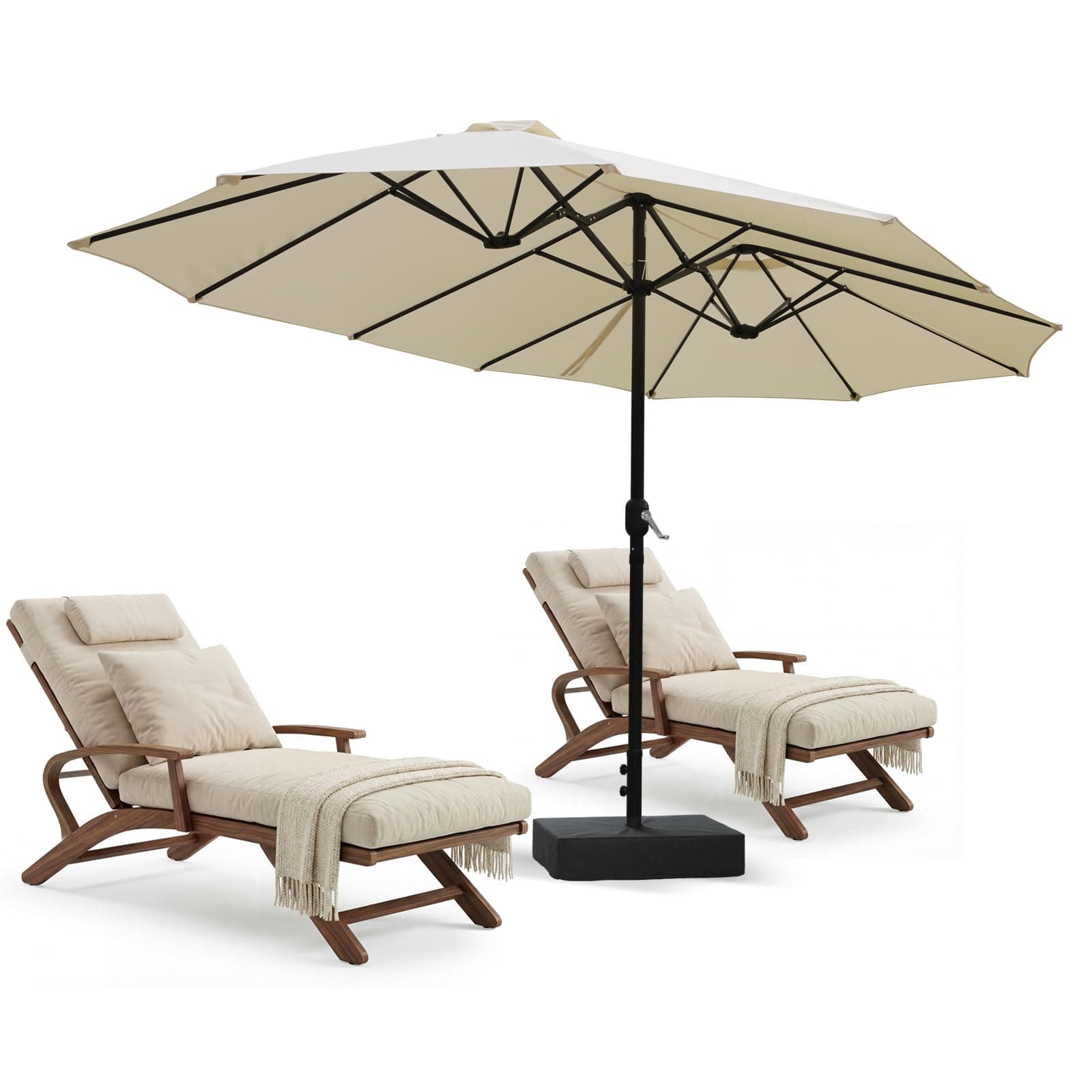 VOWNER Parasol de Jardin Exterieur, Parasol Double Rectangulaire 4,4L x 2,6l x 2,5H m avec Ouverture Fermeture Manivelle, avec 12 Baleines, Sacs de Lestage et Base Inclus, pour Balcon, Piscine, Beige