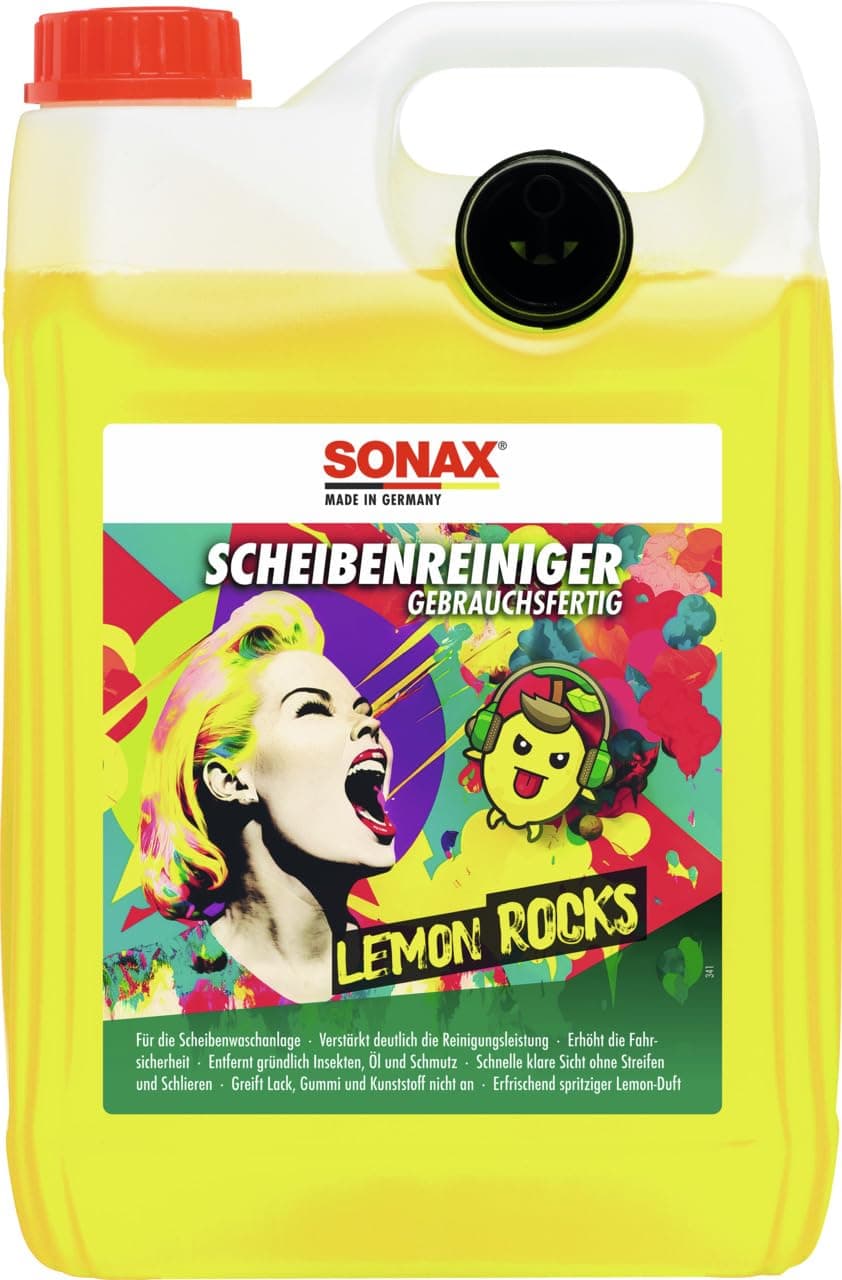 SONAX ScheibenReiniger gebrauchsfertig Lemon Rocks (5 Liter) entfernt Insekten-, Öl-, Silikon- und typische Straßenverschmutzungen | Art-Nr. 01605000