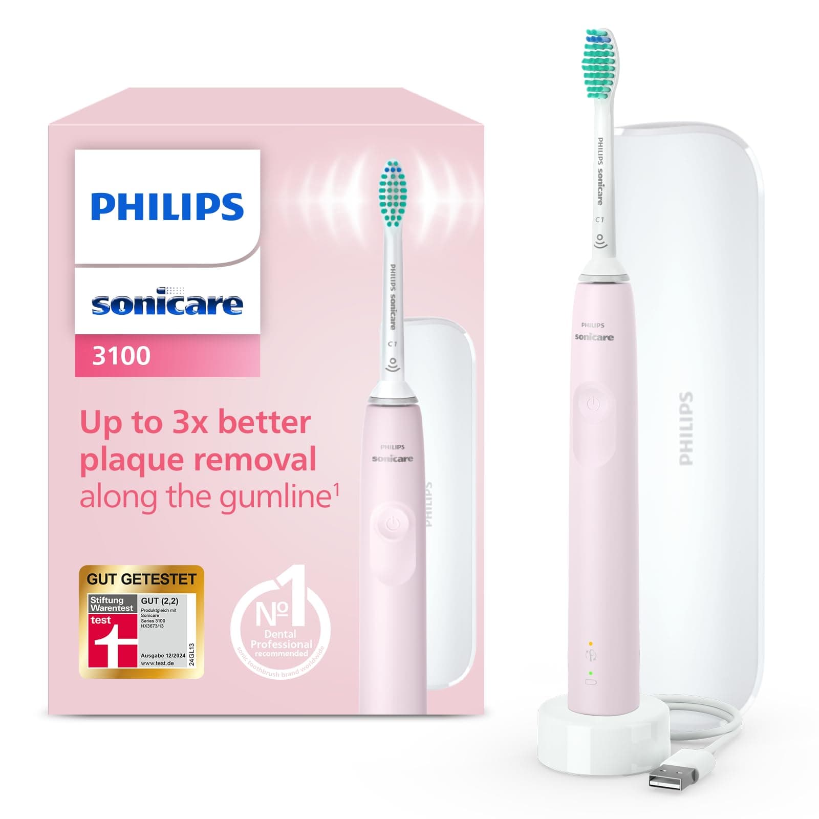 Philips Sonicare 3100 elektrische Zahnbürste, Schallzahnbürste, Andruckkontrolle und Timer, Reiseetui, Sugar Rose, Modell HX3673/11