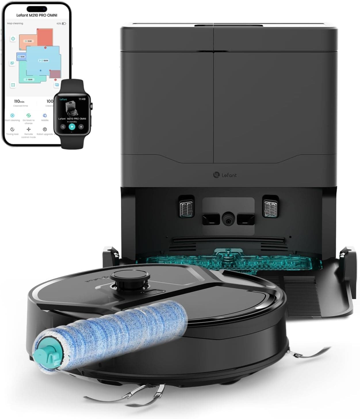 Lefant Robot Aspirateur Laveur, 18000Pa d’Aspiration, 800ml Boîte à poussière, 28cm Mini Rouleau Robot Aspirateur avec Nettoyage Automatique instantané, 5G WiFi/APP/Alexa, M210 Pro Omni