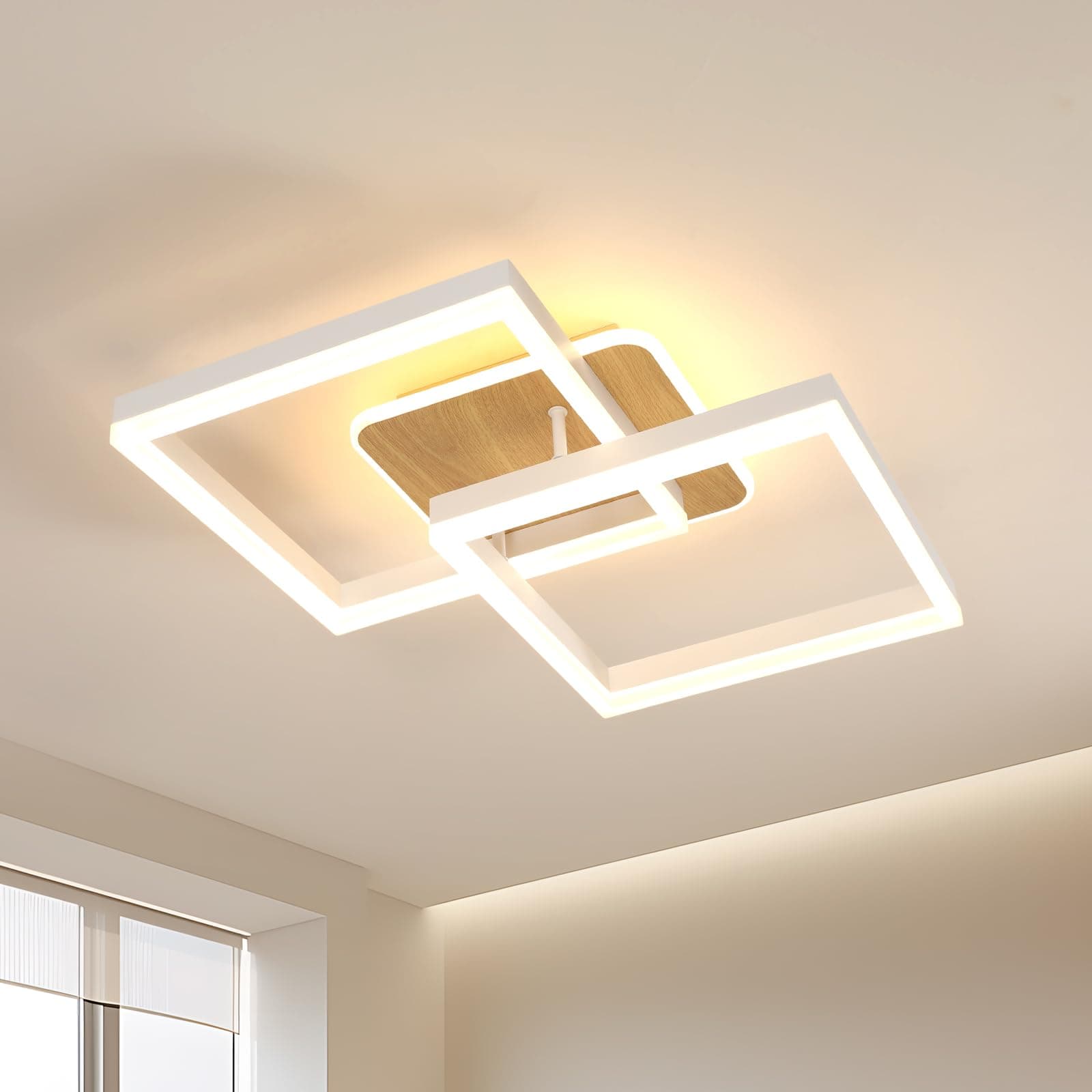 Riserva Plafoniera LED Soffitto Moderna, 40W Lampada da Soffitto Dimmerabile Bianco, 3000K-6500K, Plafoniera Legno Alluminio per Soggiorno, Camera da Letto, Sala da Pranzo, Studio, Ufficio, Quadrata
