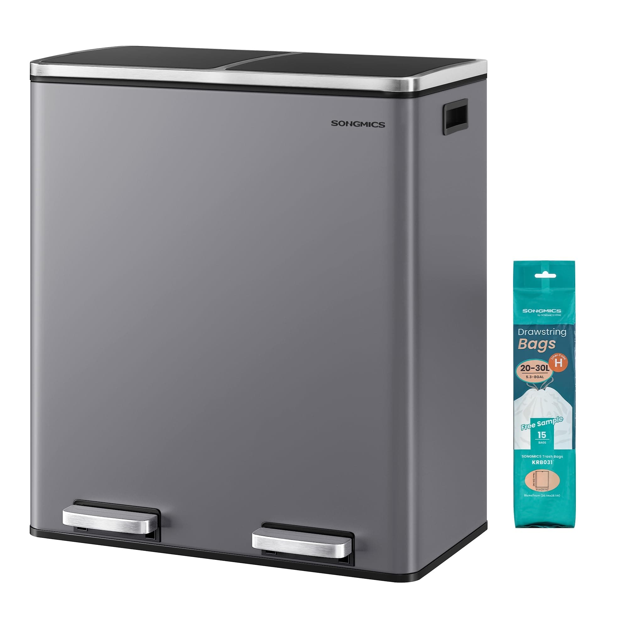 SONGMICS Poubelle à Double Compartiment 2 x 30 L, avec 15 Sacs Poubelles, Pédales en Métal, 2 Seaux Intérieurs en Plastique, Couvercles, Poignées, Fermeture en Douceur, Gris Ardoise LTB060G01