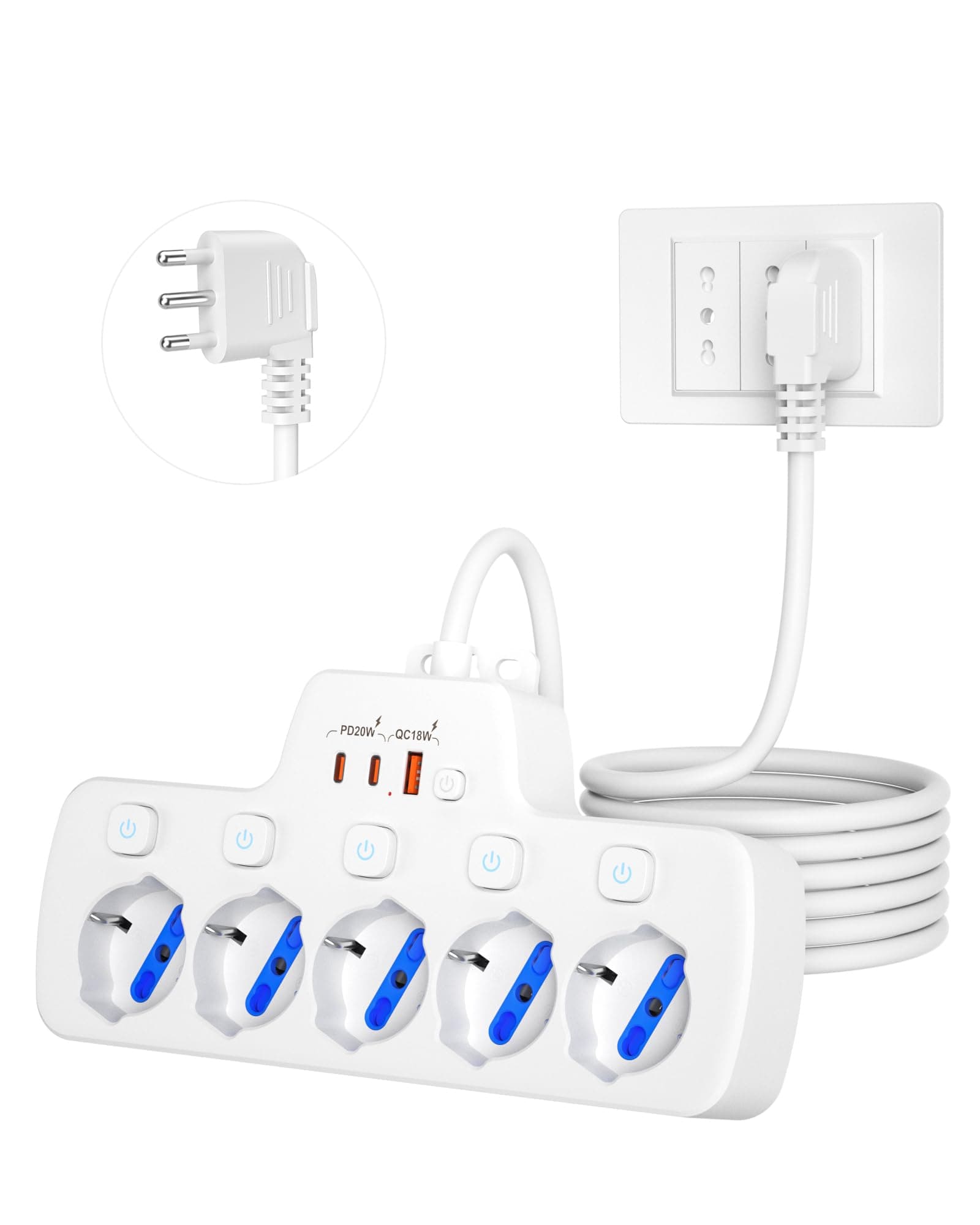 Ciabatta Elettrica Multipresa 5 Posti Polivalenti Schuko Bipasso 10/16A,Scarpetta Multipresa con Interruttori Indipendenti,Presa Multipla Elettriche Salvaspazio,Spina Ita 16A,Prolunga 1,5m,Bianco