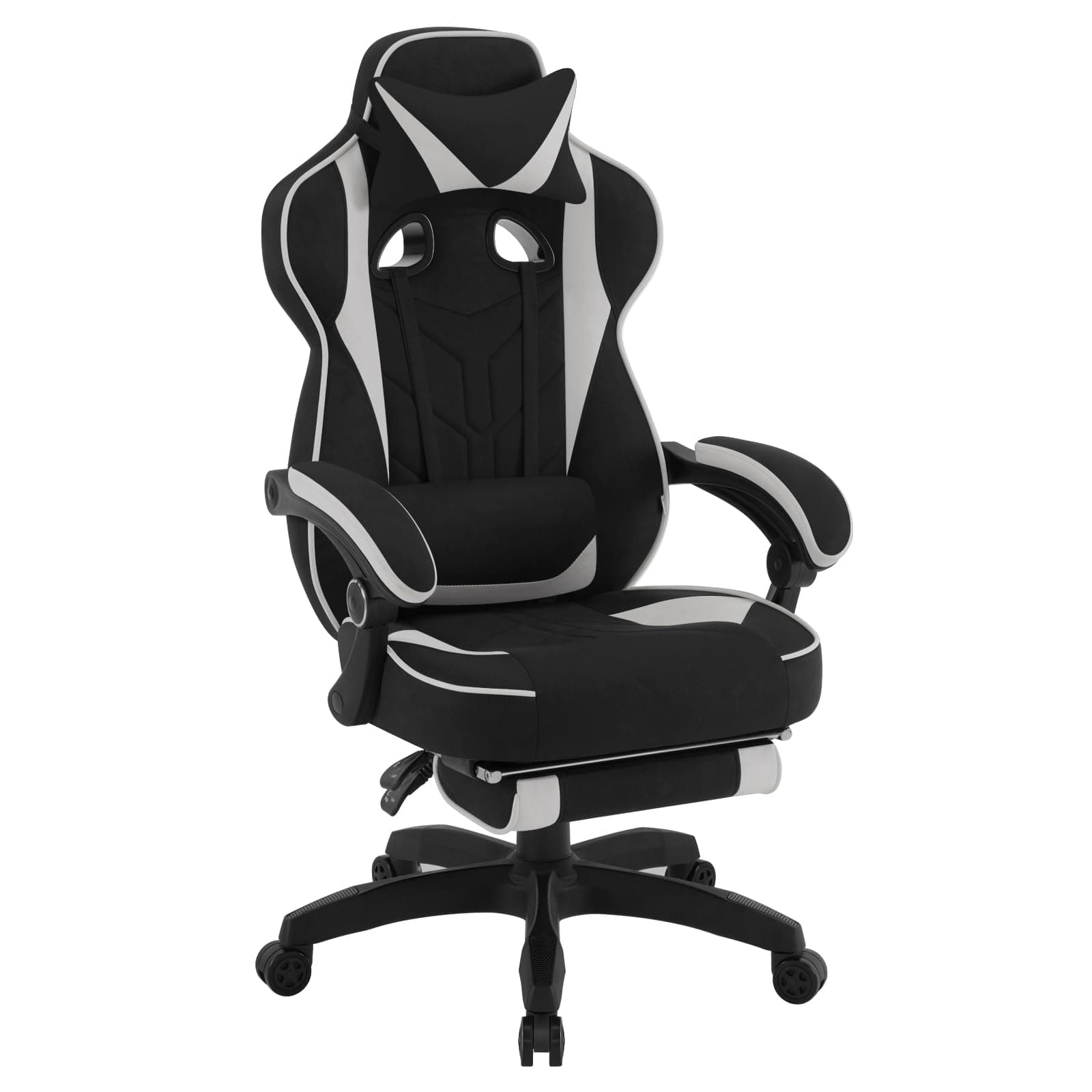 WOLTU Gaming Stuhl Stoff Stoff Kühl im Sommer Ergonomischer, 150 kg Belastbarkeit, Verstellbarer Rückenlehne, Ergonomische Lendenstütze, Fußstütze, Büro- & Game-Sessel, Schwarz+Grau
