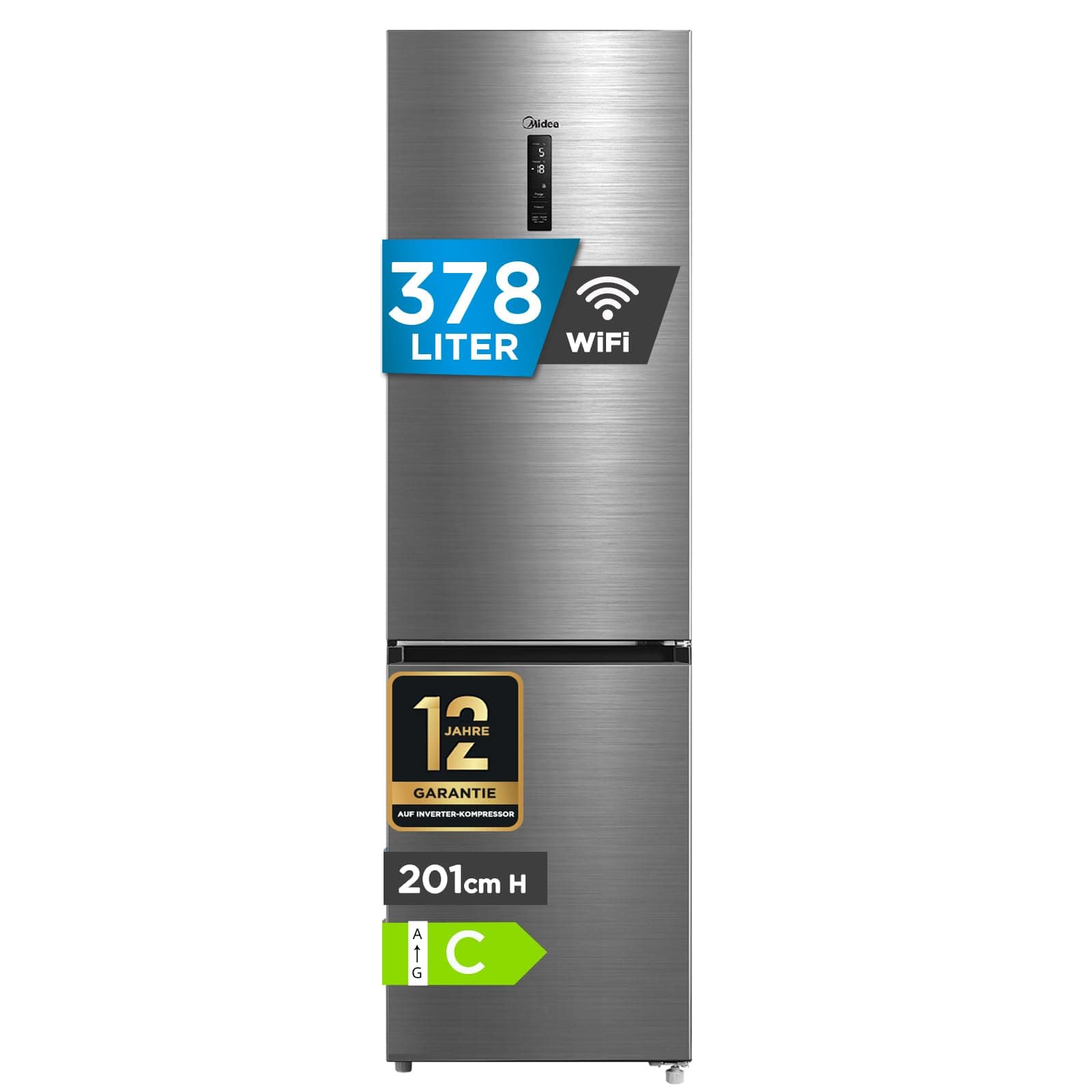 Midea MDRB521MIC46A Kühl-/Gefrierkombination/No Frost/WiFi-Steuerung/Inverter Kompressor/201 cm hoch / 59,5 cm breit /70 cm tiefe/177 kWh/Jahr/256 L Kühlteil/122 L Gefrierteil, Front Inox