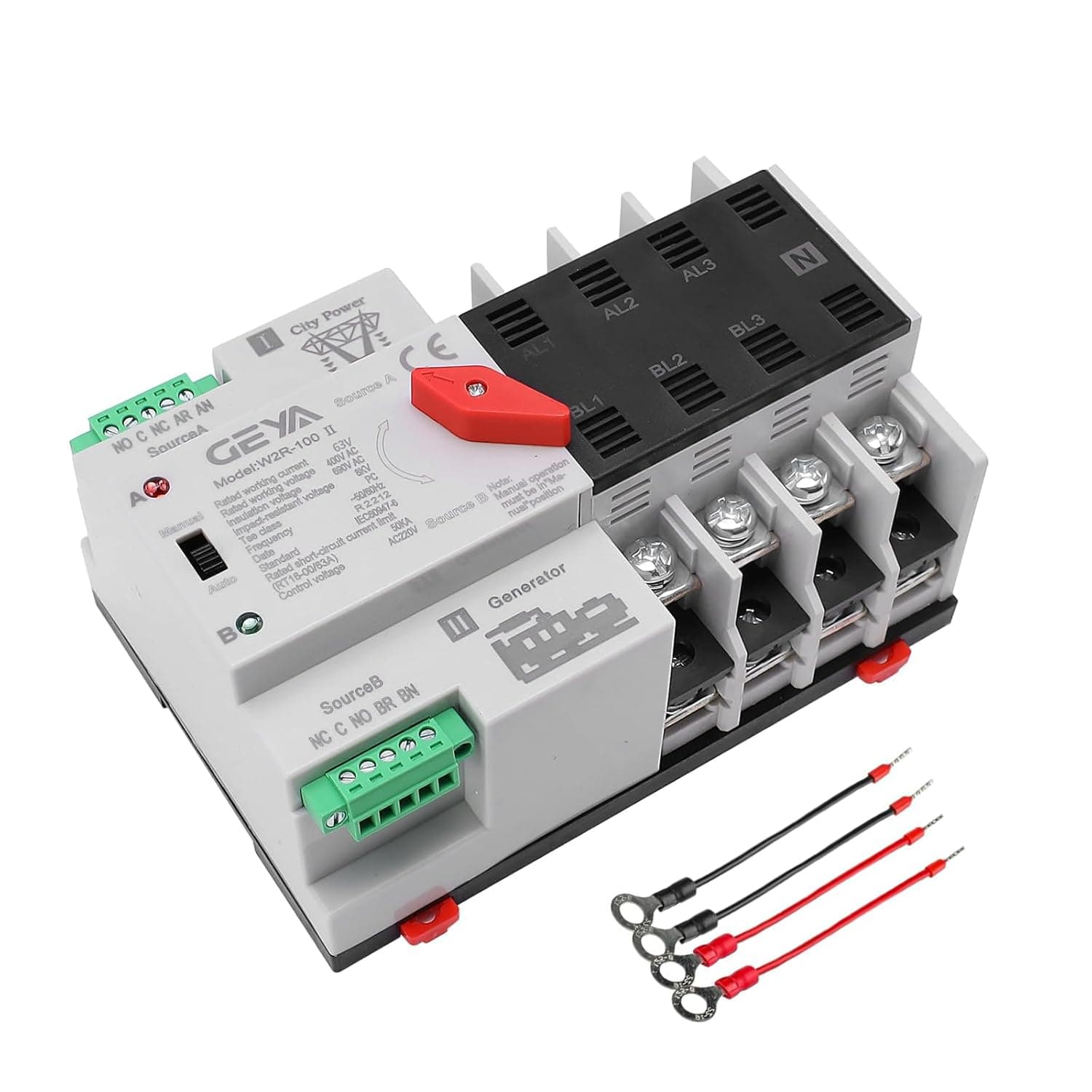 GEYA Miniature Commutateur de transfert automatique Sélecteurs électriques Commutateurs d’alimentation double 4Pôle 63A 220V 50/60Hz (Noir)