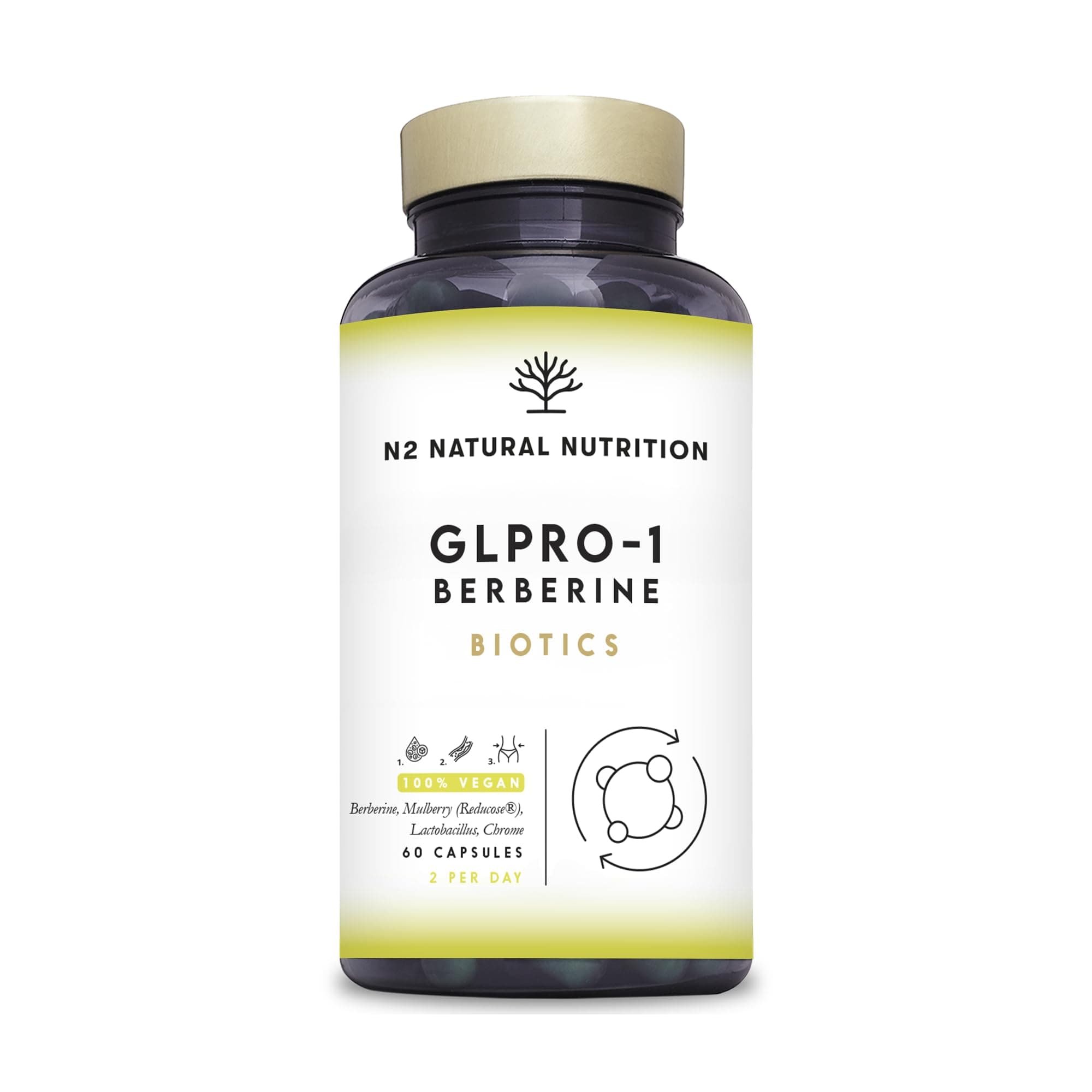 GLPRO-1. Berberina 600mg. Reducose + Probióticos. Apoya el control del apetito y los niveles de azúcar en la sangre. Vegano. 60 cápsulas. N2 Natural Nutrition