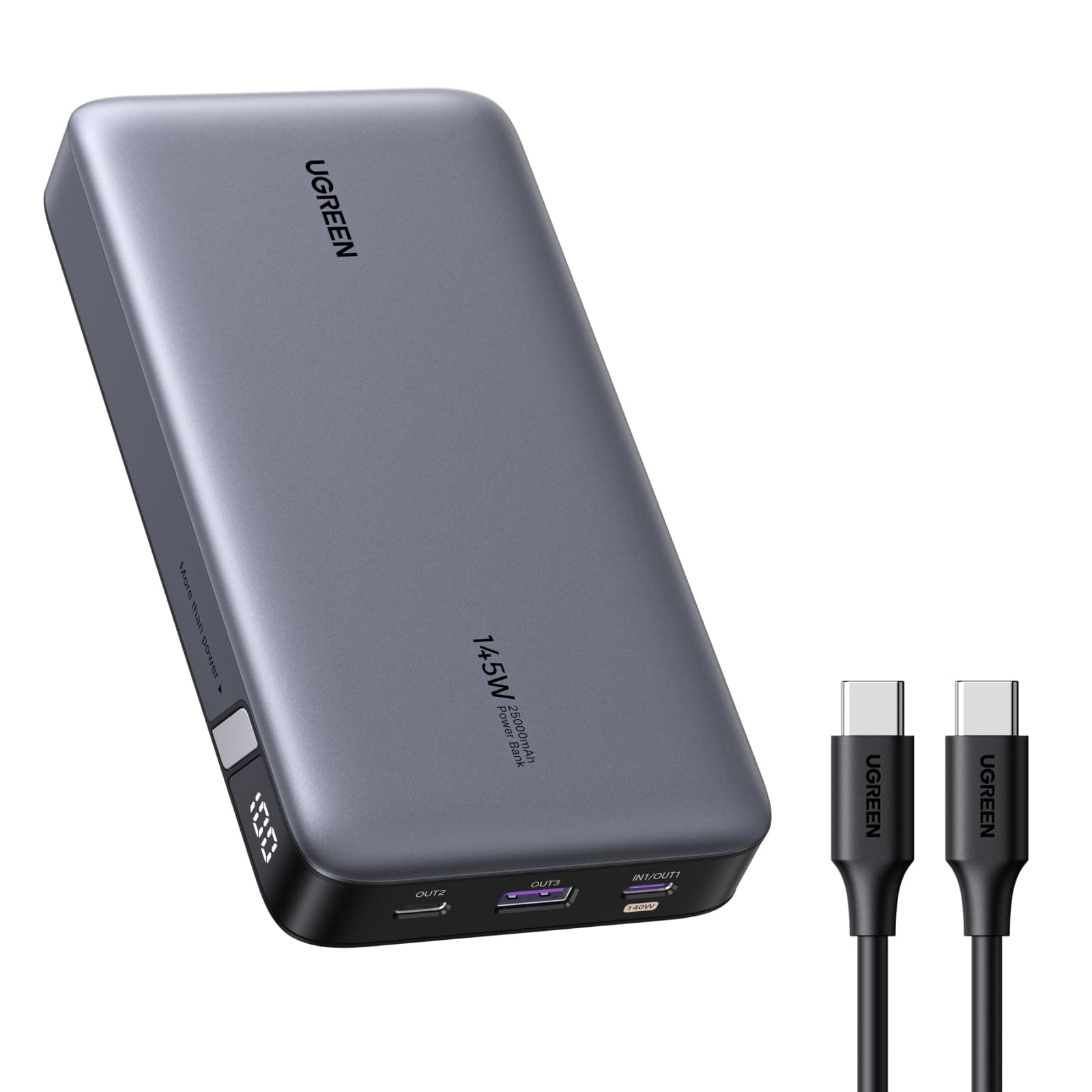 UGREEN Nexode Power Bank 145W Max 25000mAh externer Akku mit 3 Anschlüsse USB C Powerbank mit Digitales Display, kompatibel mit MacBook Pro/Air, iPhone 17 Pro Max/Pro/16/15, Galaxy S25 Ultra, Dell