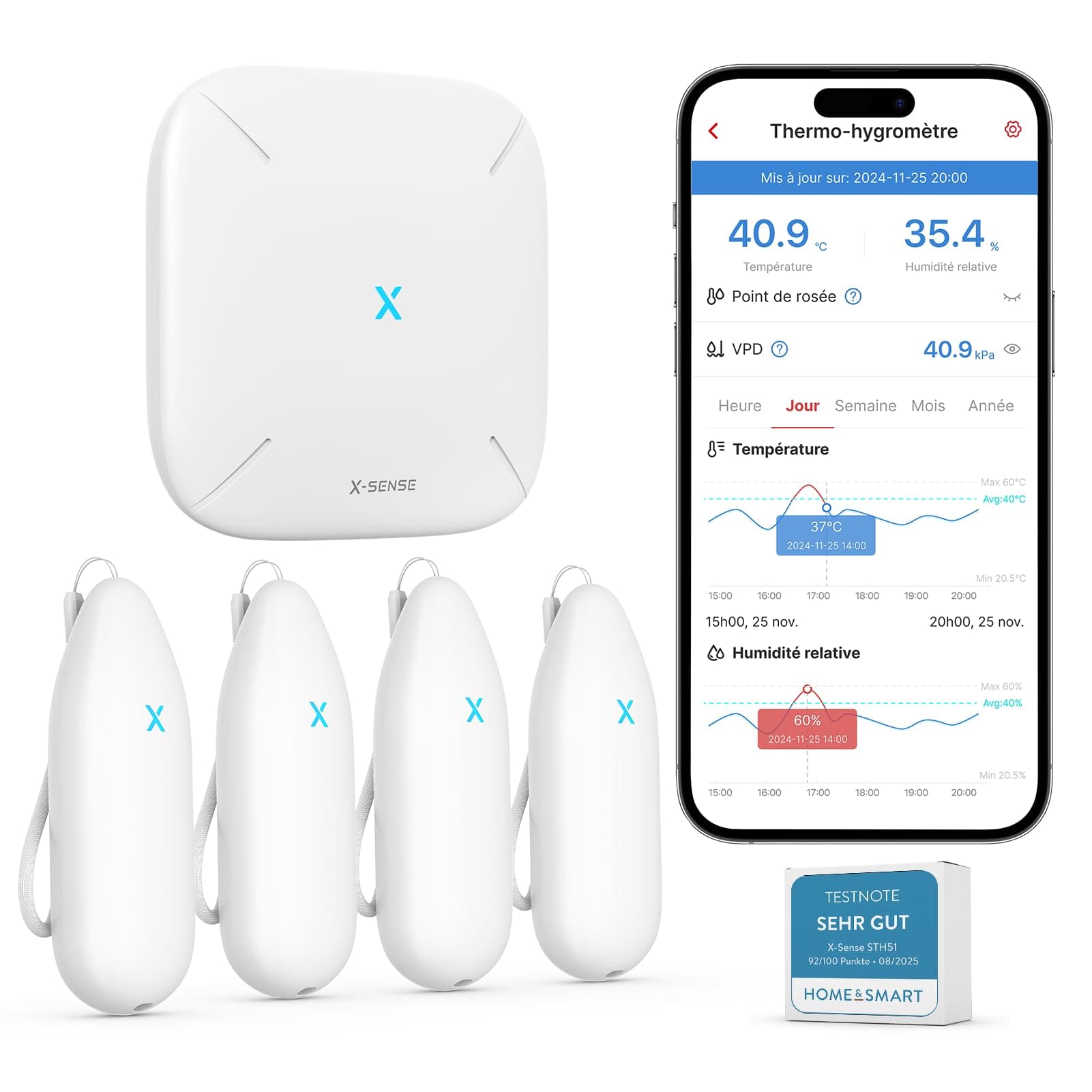 X-Sense Thermometre Interieur Connecté, WiFi Hygromètre Haute Précision avec Station de Base Suivi Température et Humidité Alertes App Exportation Données Portée 500 m Compatible Alexa, STH55