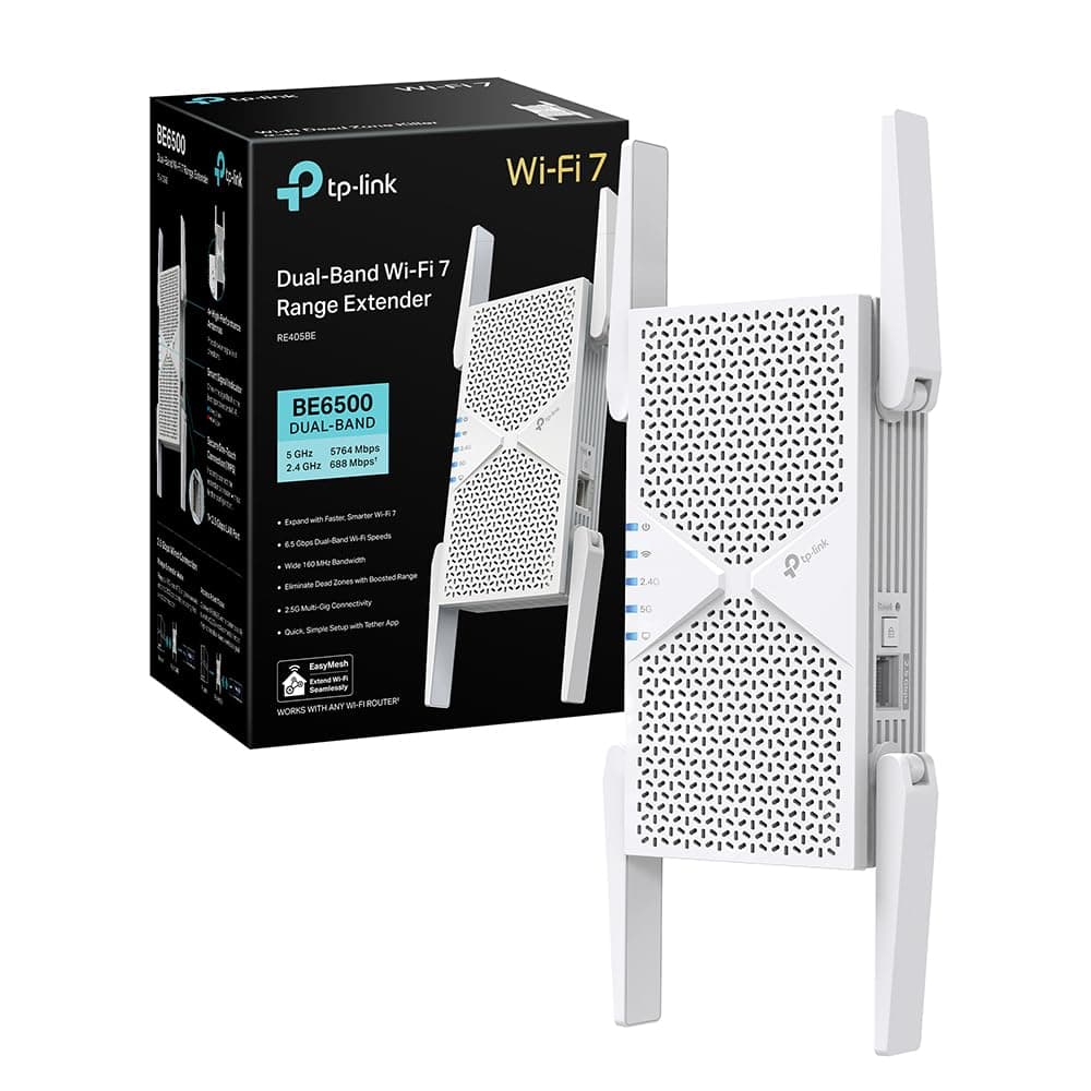 TP-Link RE405BE Ripetitore WiFi 7 Dual-Band BE6500Mbps, Porta Ethernet 2.5G, EasyMesh, MLO, Roaming Intelligente, Configurazione WPS/App, Compatibile con Tutti i Box Internet, 160 MHz, 4K-QAM