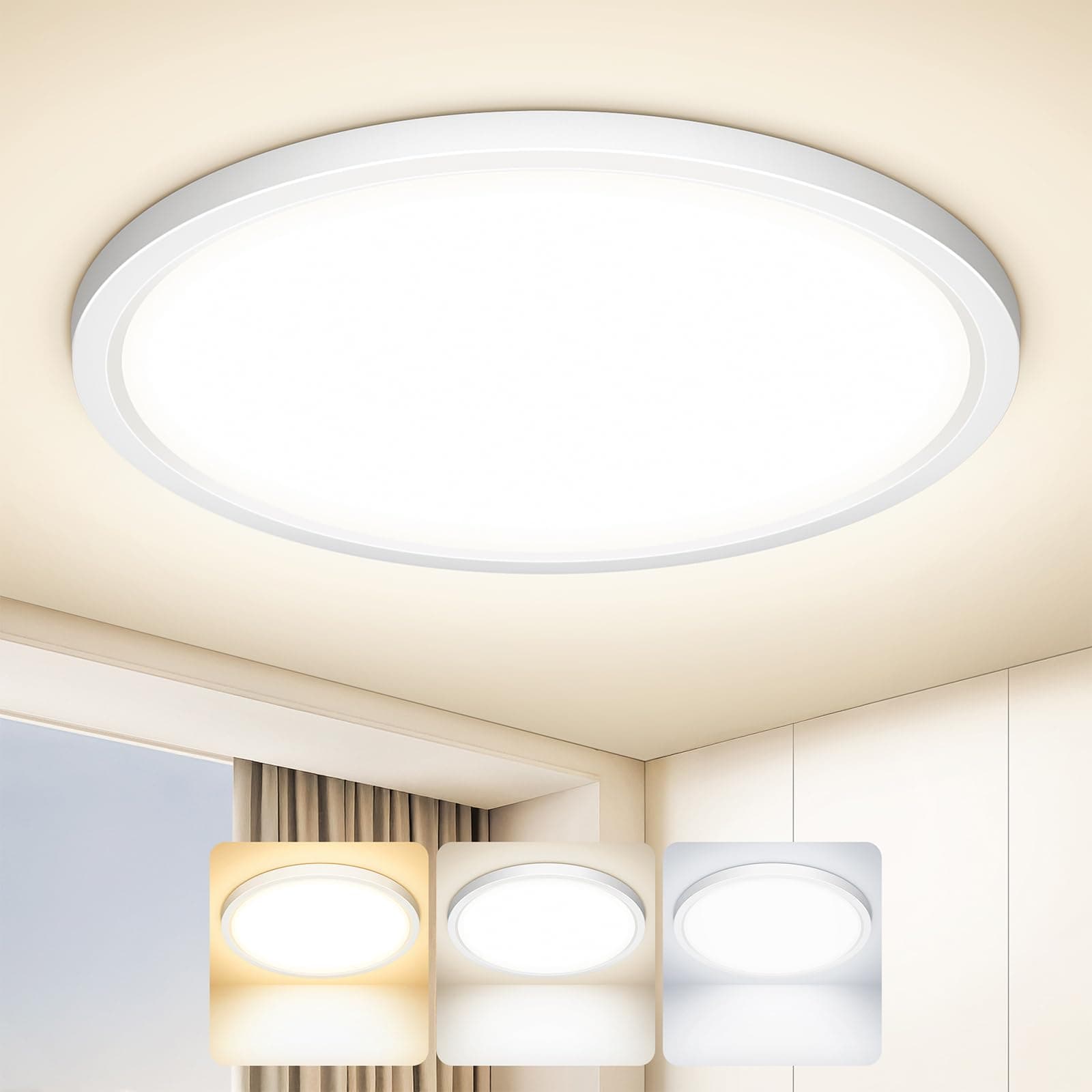 Tyreses Plafon LED Techo, 18W 1800LM Lámpara de techo ultrafina, 3000K/4000K/6500K, moderna IP44 Plafones para Techo para salón, baño, dormitorio, cocina, pasillo, Ø22CM