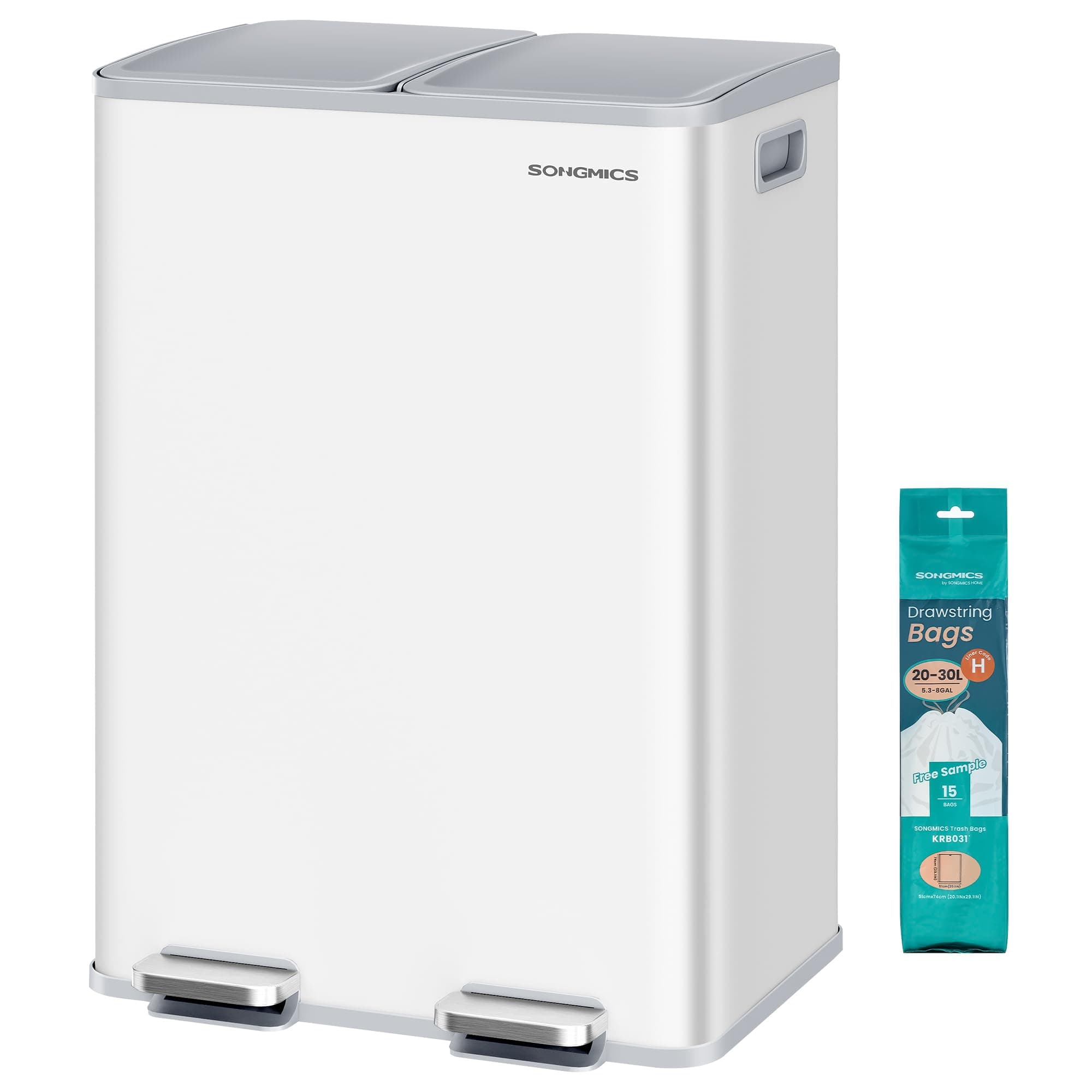 SONGMICS Poubelle de Cuisine, 2 x 30 L, 2 Compartiments, Poubelle à Pédale, Couvercle à Fermeture Douce, avec Seaux Intérieurs, Acier, 15 Sacs Poubelle Inclus, Blanc Mat LTB741W02