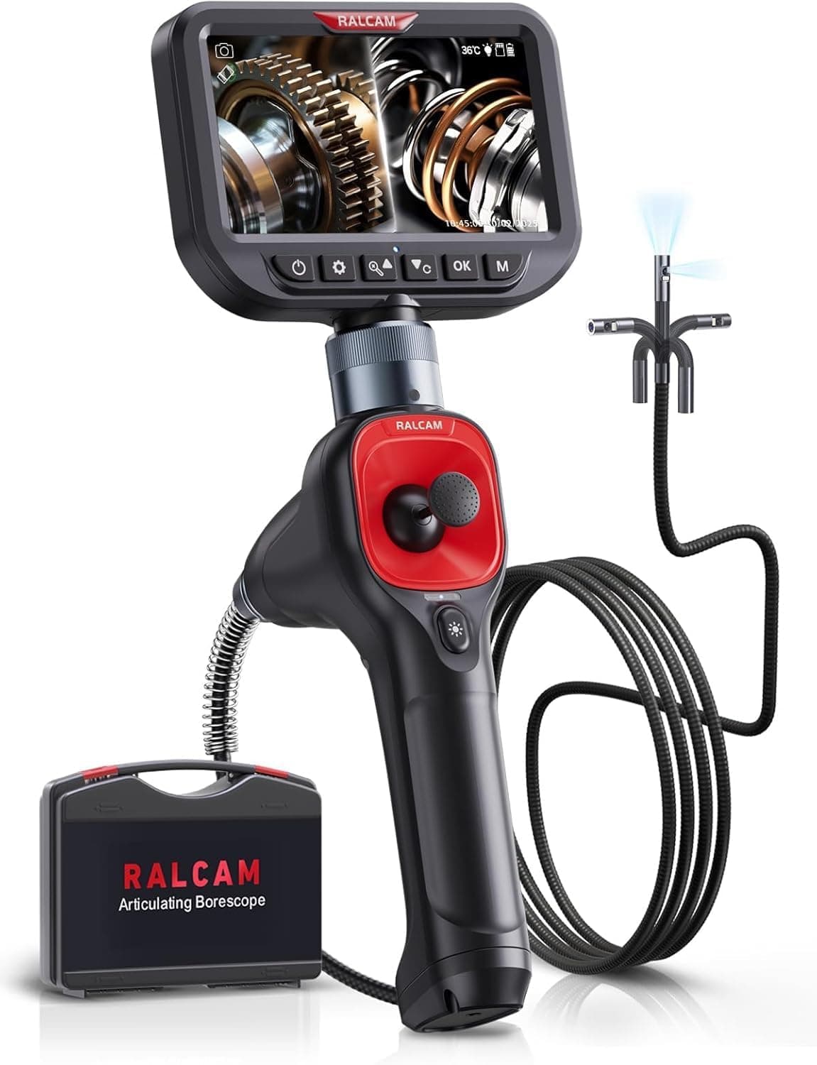 Ralcam Caméra Endoscopique Pivotante à 360° - Endoscope d’Inspection Double Objectif avec Écran HD 5", 6+1 LED, Étanchéité IP67 (Sonde 6,5 mm, Câble Semi-Rigide 1,5 m)