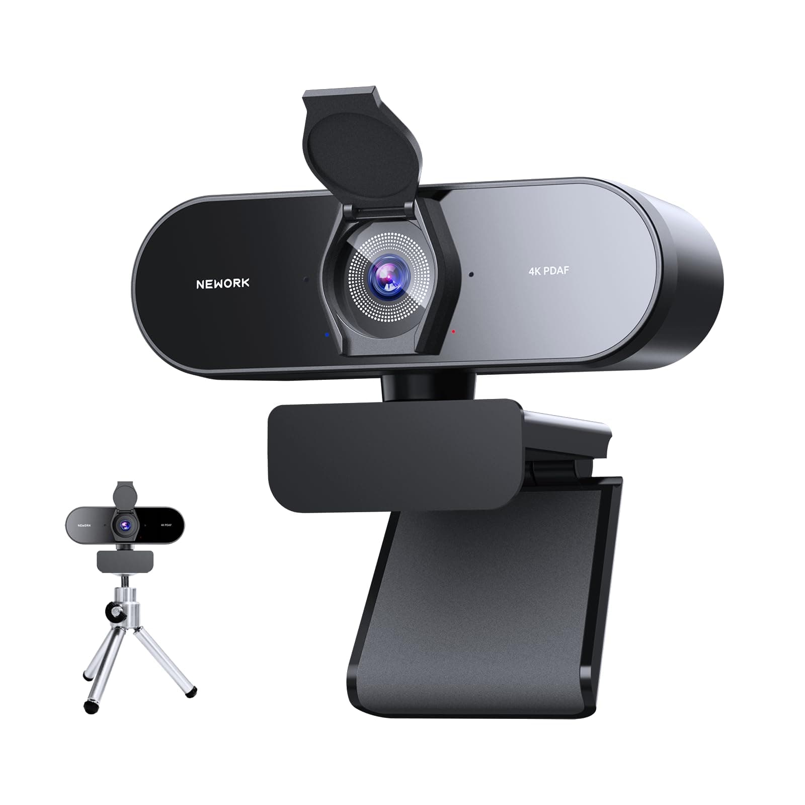 NEWORK Webcam 4K, Webcam UHD 1080p @ 60 fps, autofocus PDAF + CDAF, Cache de confidentialité et trépied, Plug & Play, Correction Automatique de la lumière, Champ de Vision à 79°, 2 micros antibruit