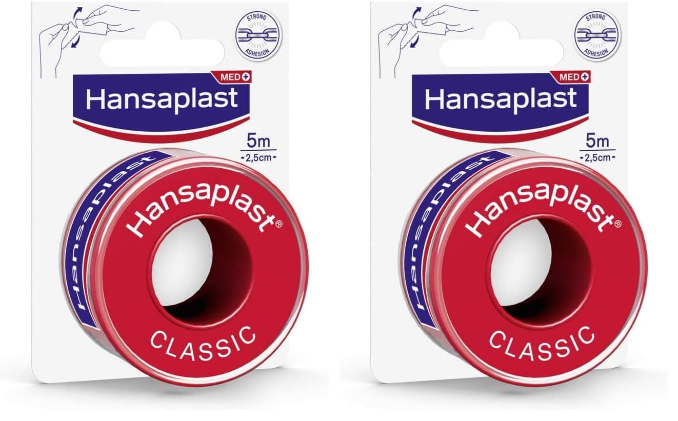 Hansaplast Fixierpflaster Classic (5 m x 2,5 cm), Tapeband zur einfachen und sicheren Fixierung von Wundverbänden, Heftpflaster Rolle mit starker Klebekraft. (Packung mit 2)