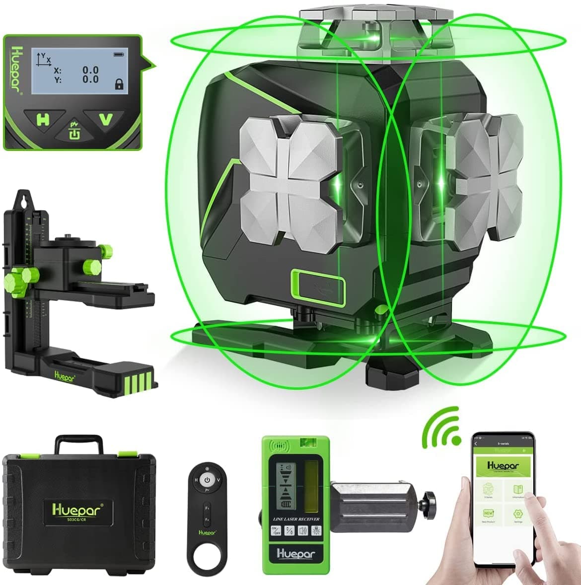 Huepar 4D Niveau Laser, Niveau laser auto-nivelant à 16 lignes, LCD, Bluetooth Faisceau Vert Ligne Croisée Outil Pour Carrelage, Horizontale/Verticale à 360°,Télécommande & Étui de Transport