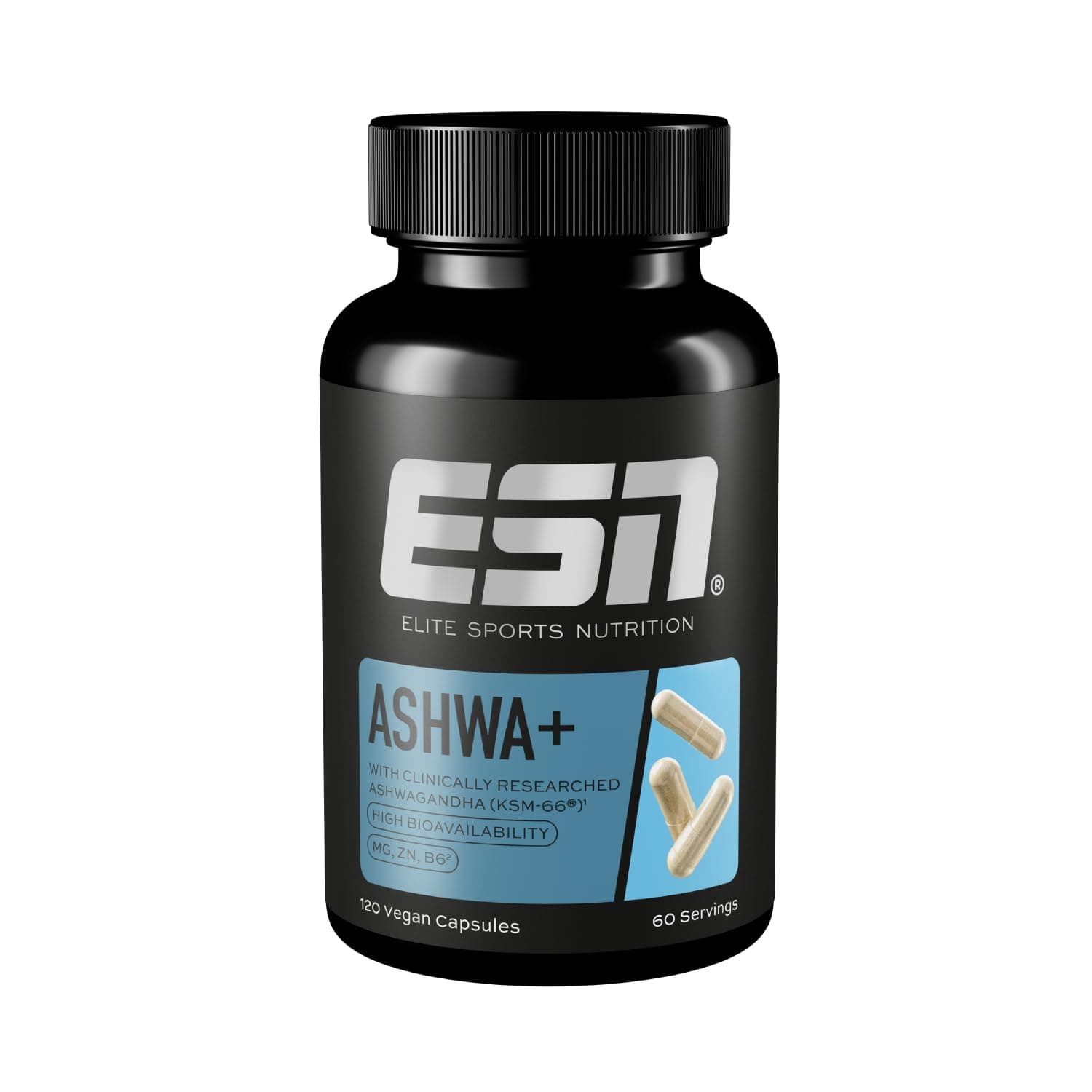 ESN Ashwa +, estratto di radice di Ashwagandha brevettato KSM-66®, 120 capsule, bacca indiana del sonno, con magnesio, vitamina B6 e zinco, vegano - prodotto in Germania