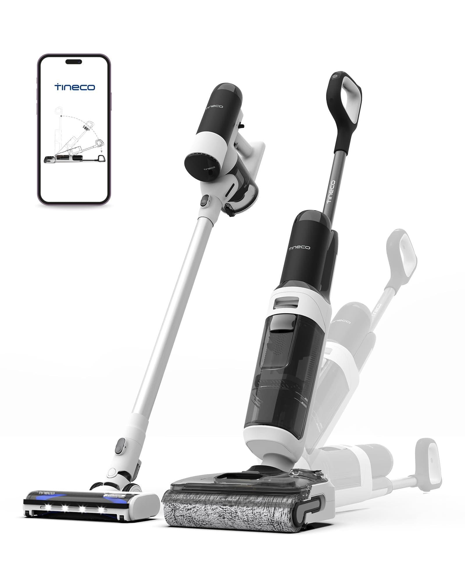 Tineco Floor One Switch S6 Stretch Aspirateur Laveur Sec Et Humide, Multifonction, 180° à Plat, Autonettoyant, 65 Minutes d'autonomie, Nettoyage des Bords des Deux côtés, Nettoyage de Toute la Maison