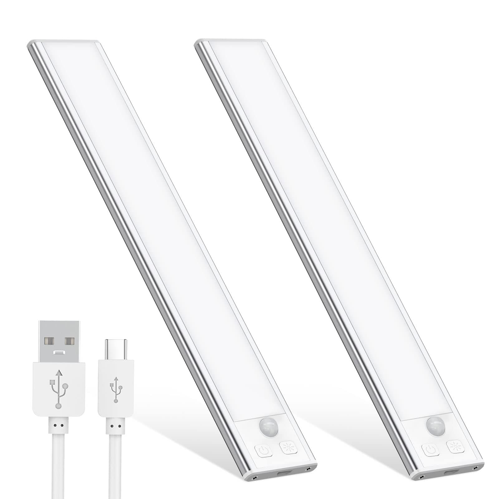 OUILA Luz de Armario con Sensor Movimiento 6500K Recargable Luz Nocturna,20.5CM Regulable Lampara LED Adhesiva para Gabinete, Pasillo, Escalera, Sótano, Cocina, Garaje-2 Packs