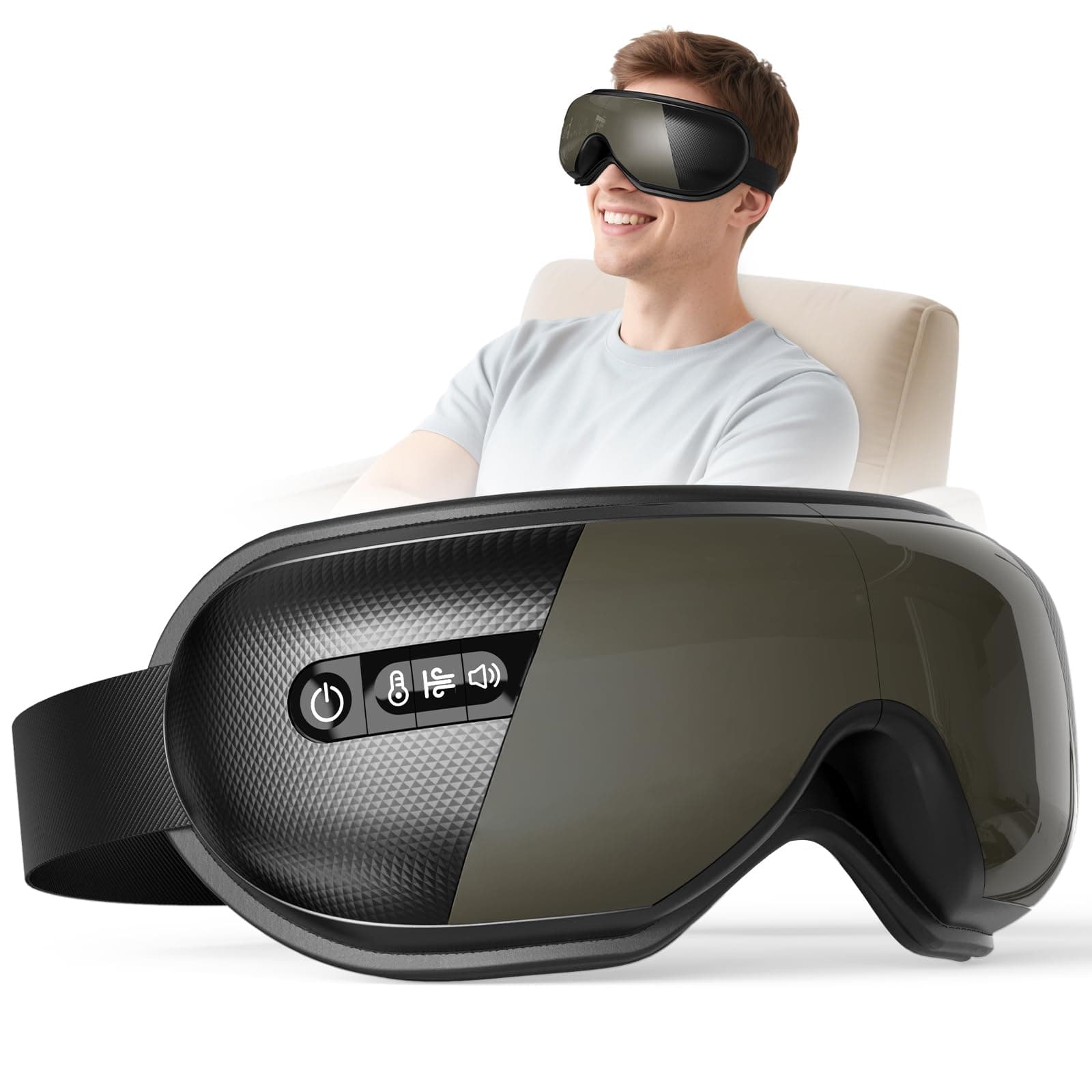 IVJ Masseur Oculaire Chauffant Pliable 180°, Masque Yeux Bluetooth 4 Modes | Masque Massage Yeux adapté aux migraines, bandeau ajustable, compact voyage, Bluetooth intégré, cadeau, détente oculaire